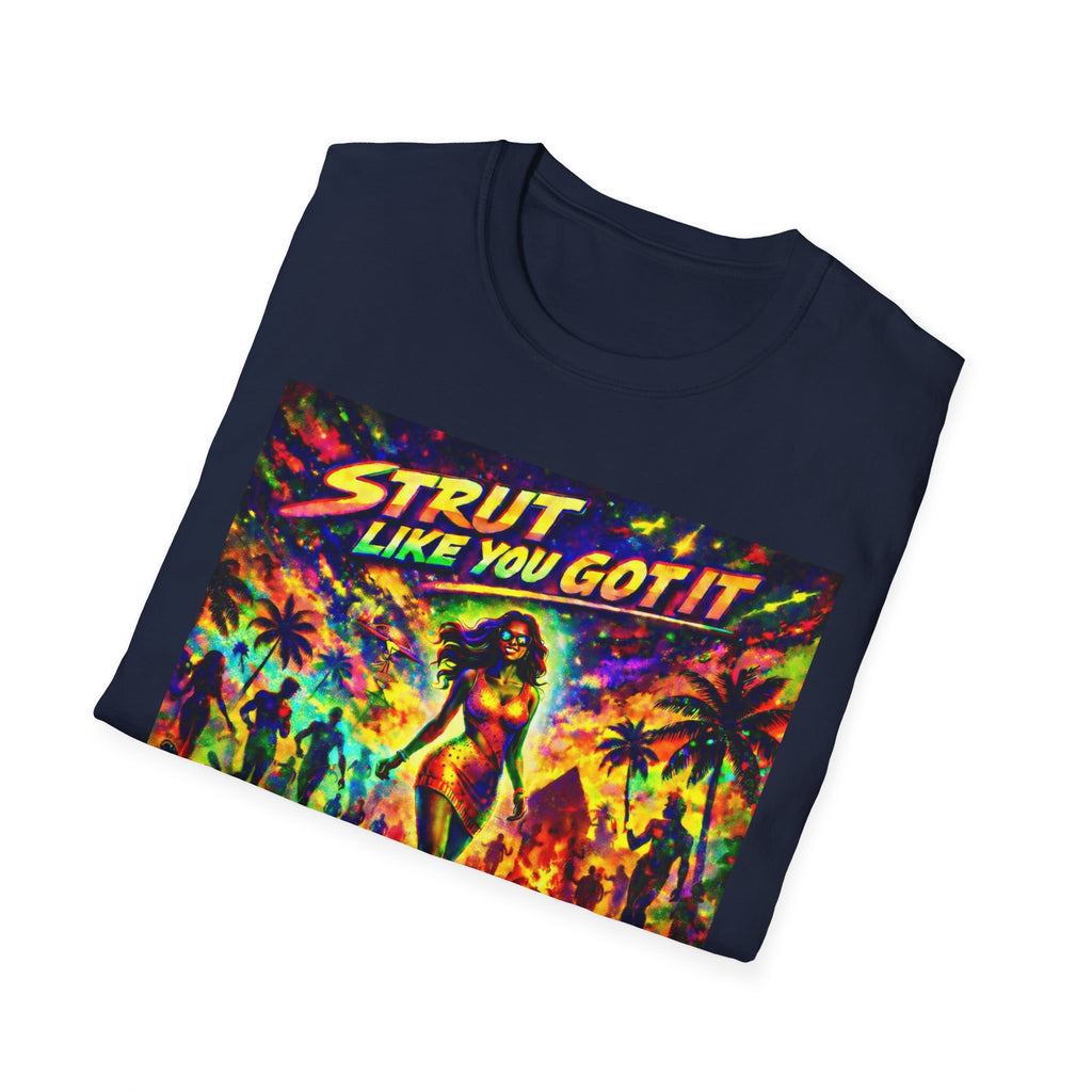 Strut Like You Got It Graphic T-Shirt  Song Cover Art From The Caribbean Calavera Album — Retro Neon Beach Vibe