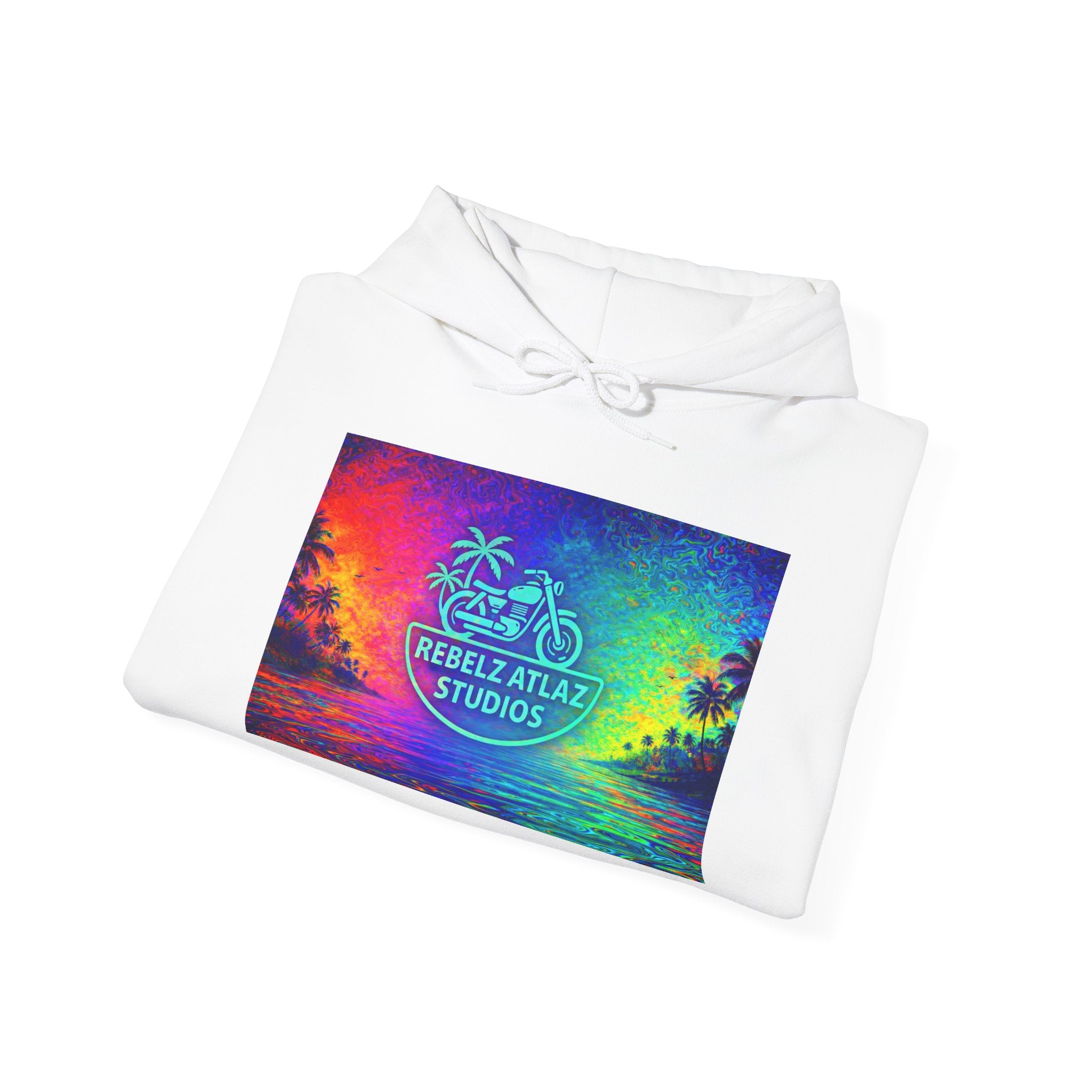 Rebelz Atlaz Studios Tropical Sunset Hoodie — Vibrant Rainbow Beach Graphic