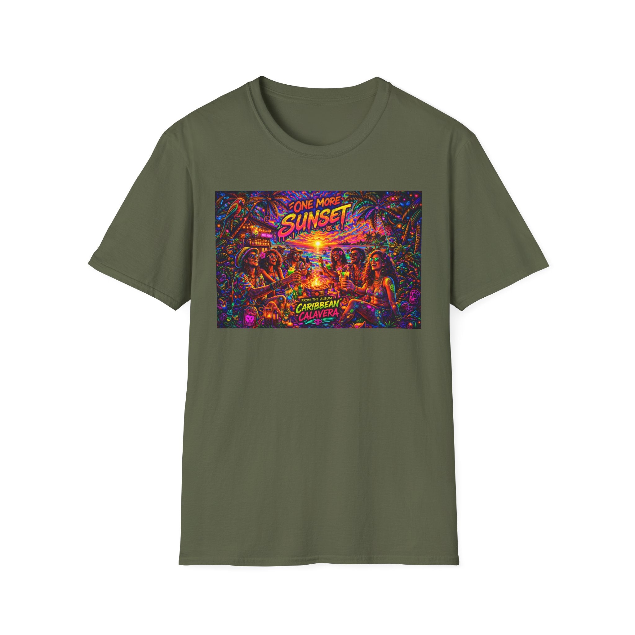 One More Sunset Bonfire Graphic T-Shirt  Song Cover Art From The Caribbean Calavera Album   — "Sunset" Neon Beach Party Tee