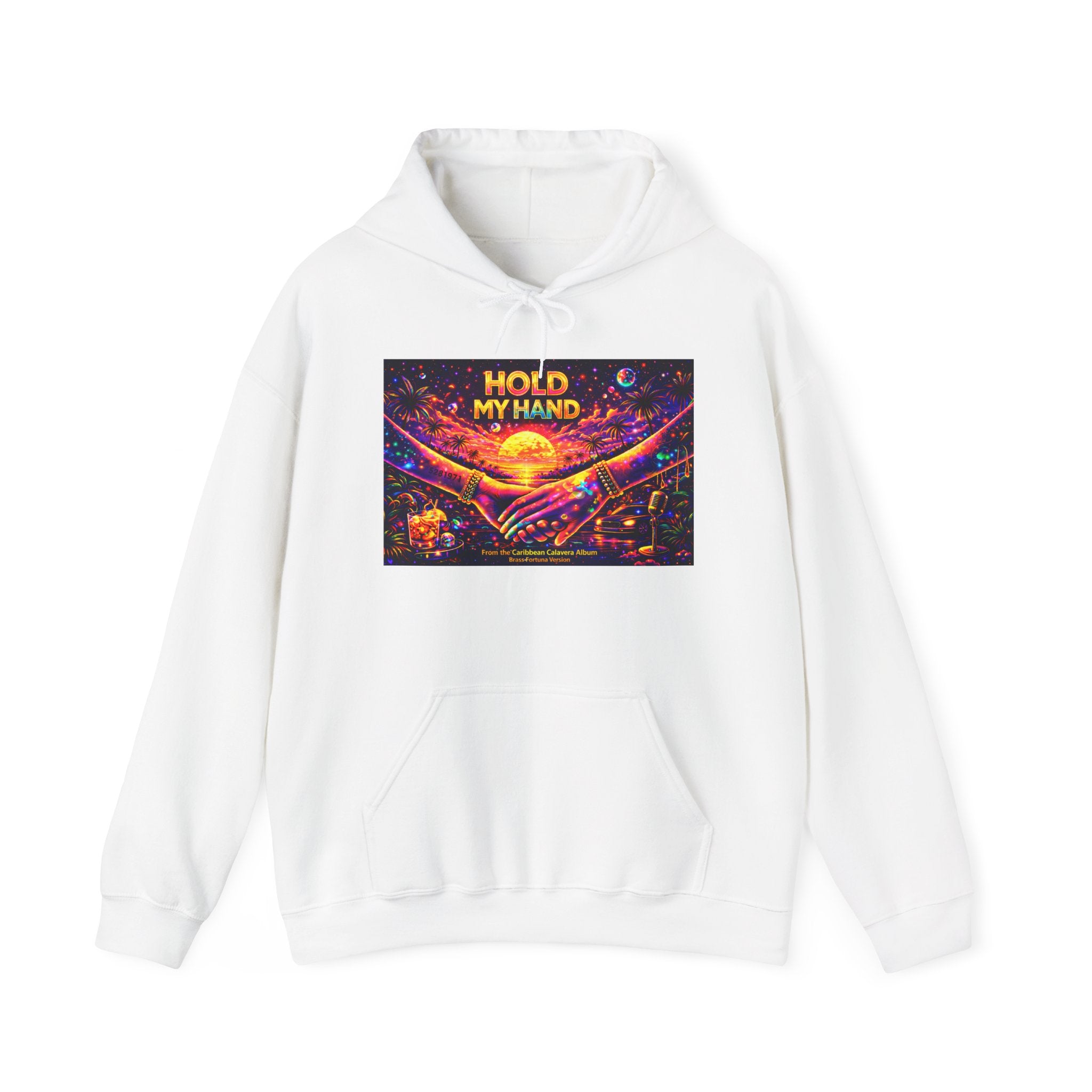 Hold My Hand Cosmic Hoodie Song Cover Art From The Caribbean Calavera Album  — Vibrant Sunset Hands Graphic Sweatshirt
