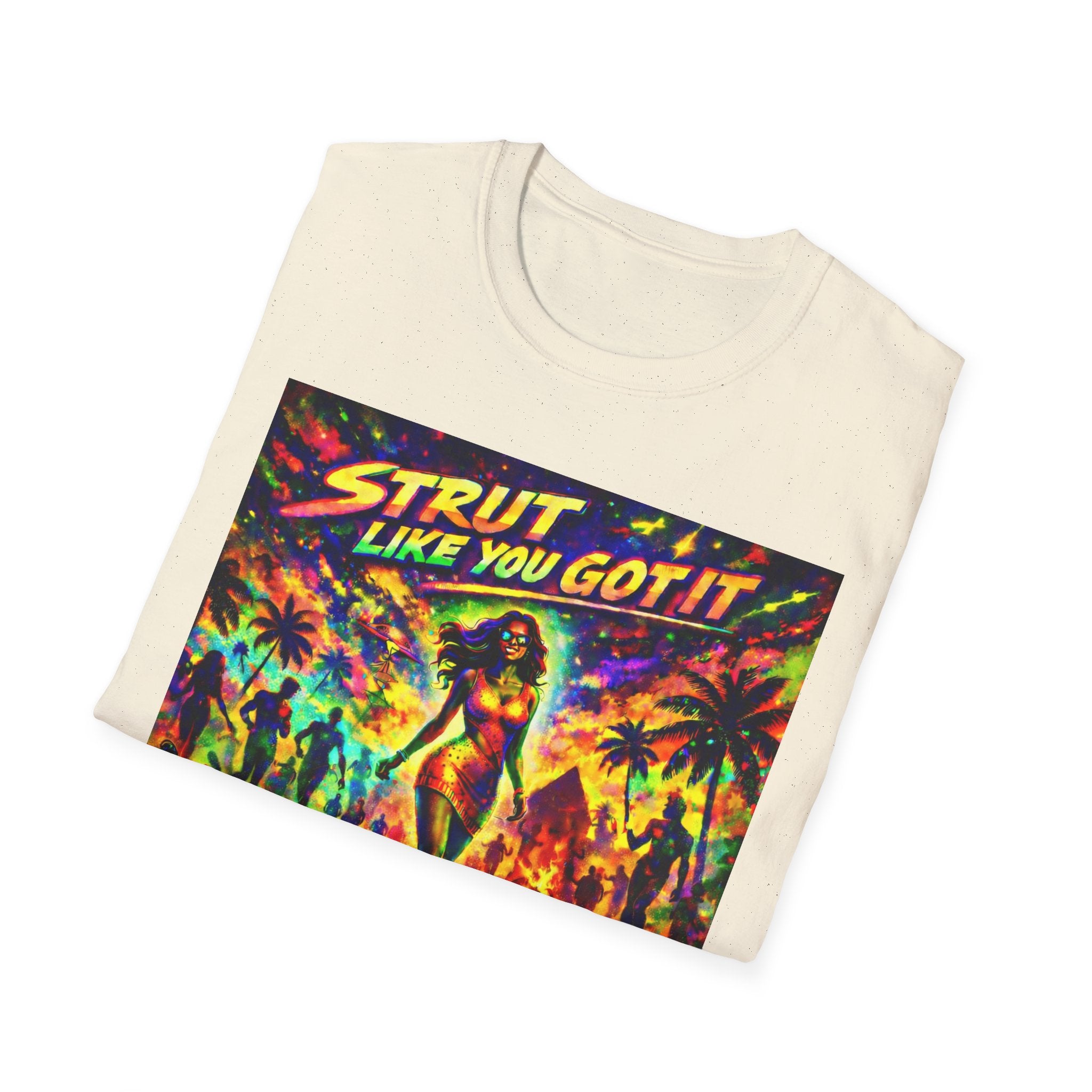 Strut Like You Got It Graphic T-Shirt  Song Cover Art From The Caribbean Calavera Album — Retro Neon Beach Vibe