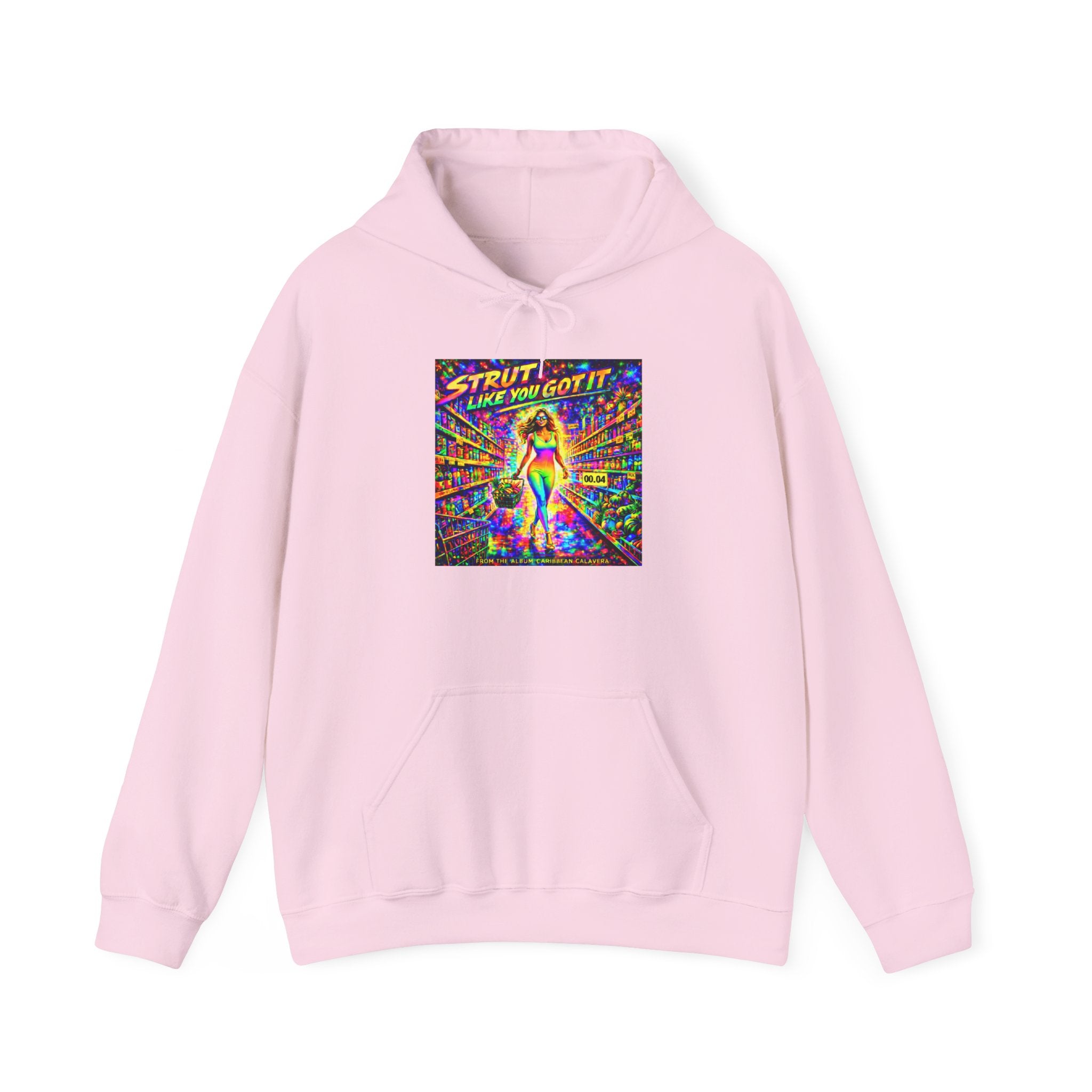 Strut! Like You Got It Retro Disco Hoodie Song Cover Art From The Caribbean Calavera Album — Colorful Rainbow Graphic