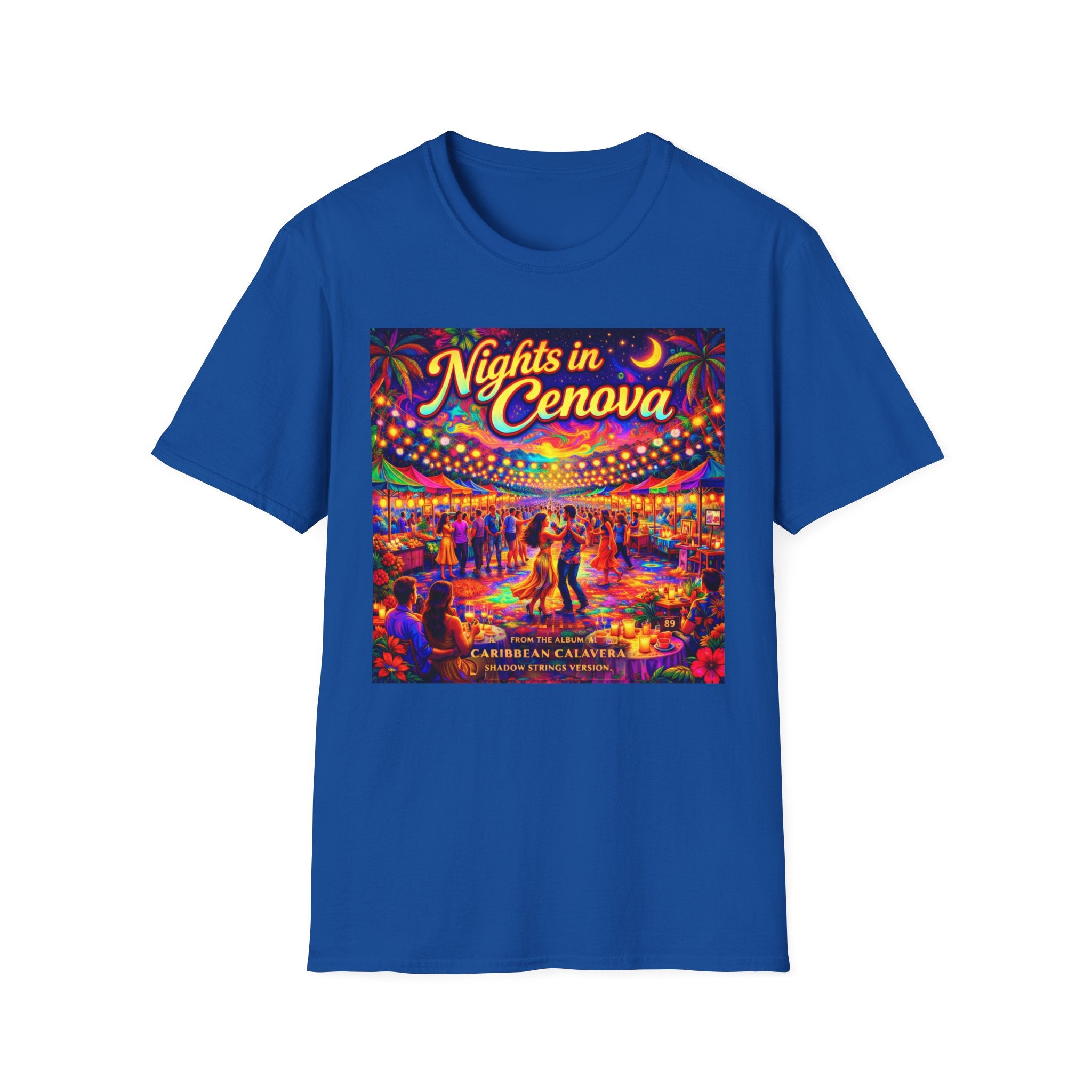 Nights in Cenova Graphic T-Shirt Song Cover Art From The Caribbean Calavera Album — Colorful Festival Street Scene