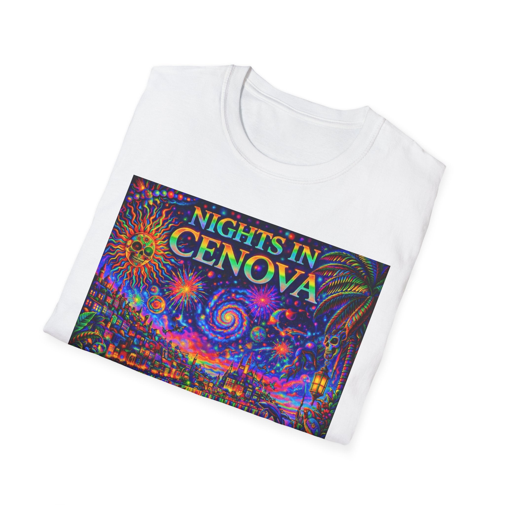 Nights in Cenovia T-Shirt  Song Cover Art From The Caribbean Calavera Album   — Colorful Fireworks Cityscape Tee