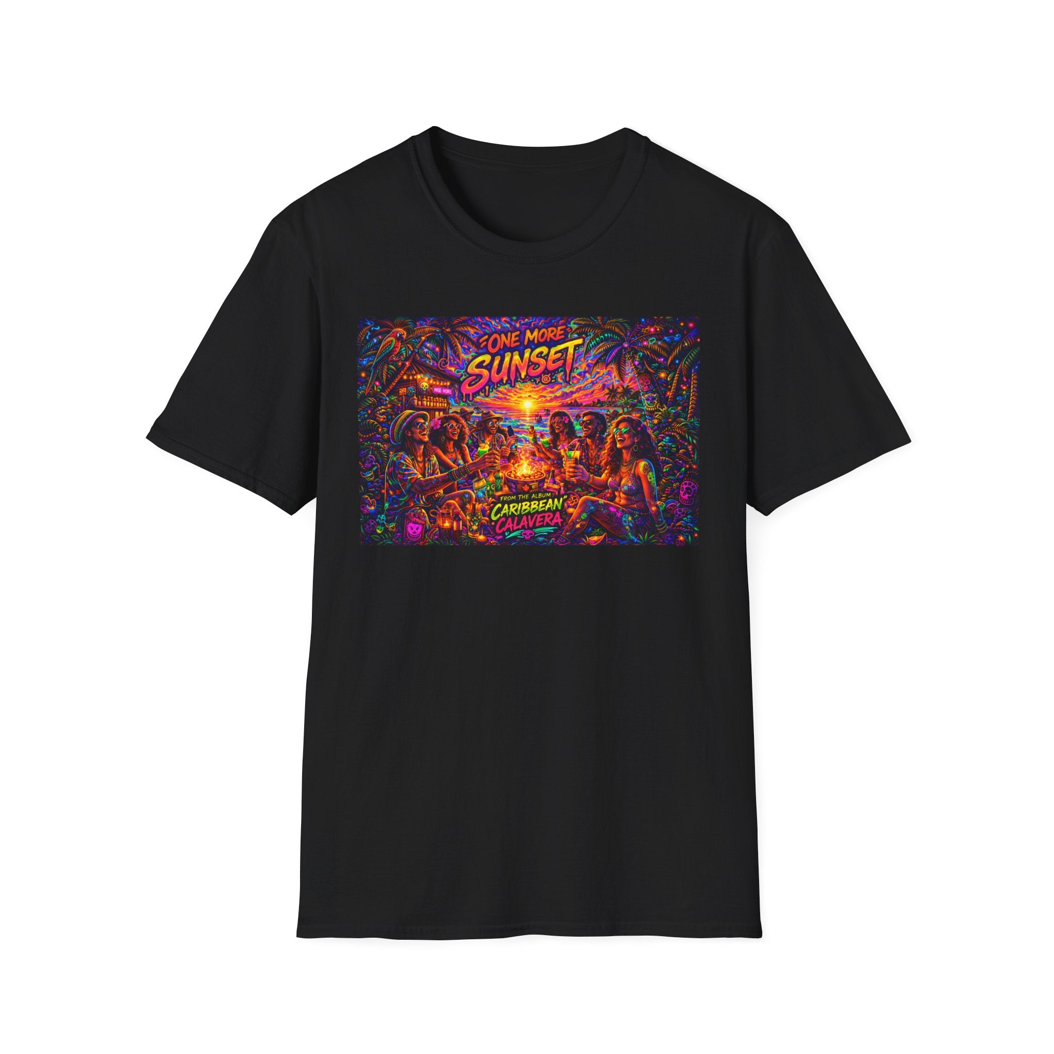 One More Sunset Bonfire Graphic T-Shirt  Song Cover Art From The Caribbean Calavera Album   — "Sunset" Neon Beach Party Tee