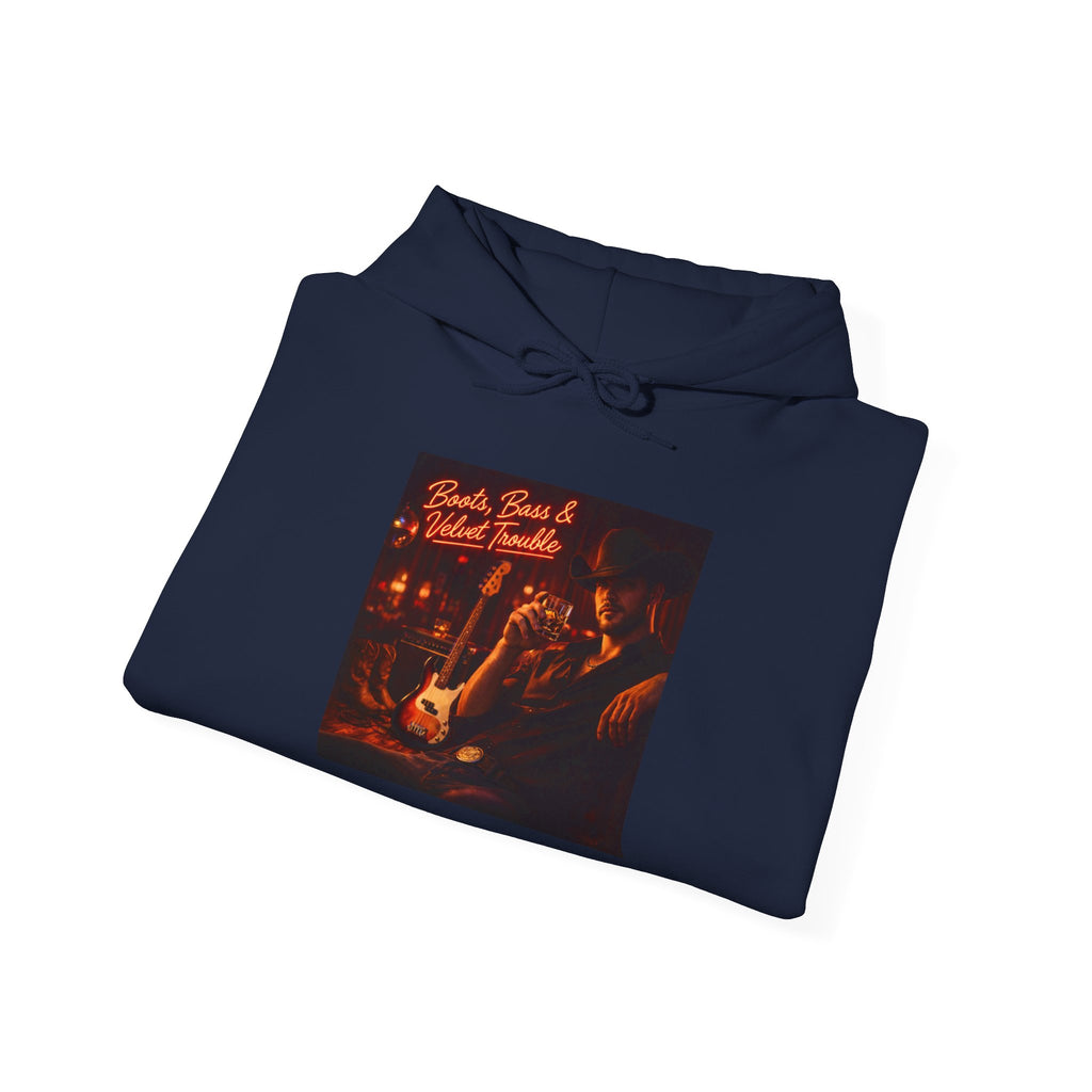 Boots Bass & Velvet Trouble Vintage Whiskey & Guitars Graphic Hoodie Cozy Bar Night Hoodie –