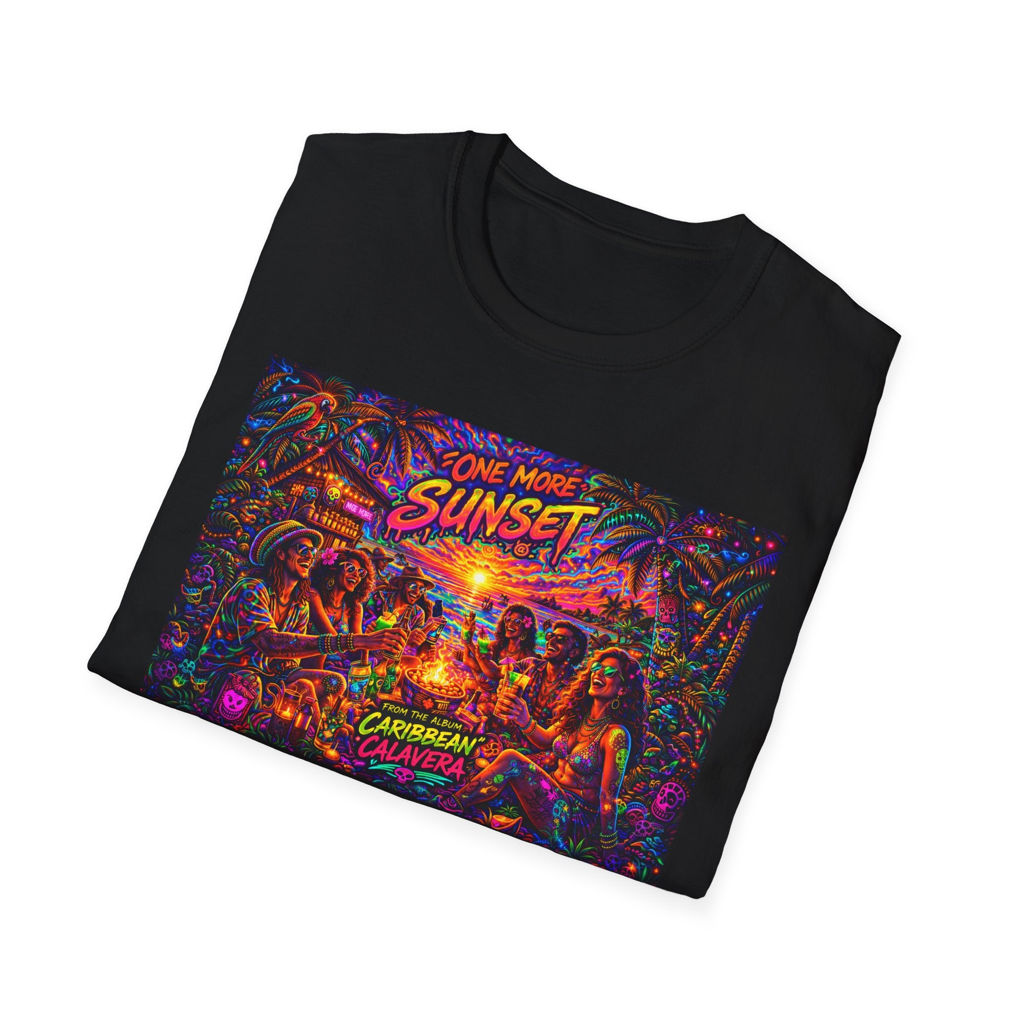 One More Sunset Bonfire Graphic T-Shirt  Song Cover Art From The Caribbean Calavera Album   — "Sunset" Neon Beach Party Tee