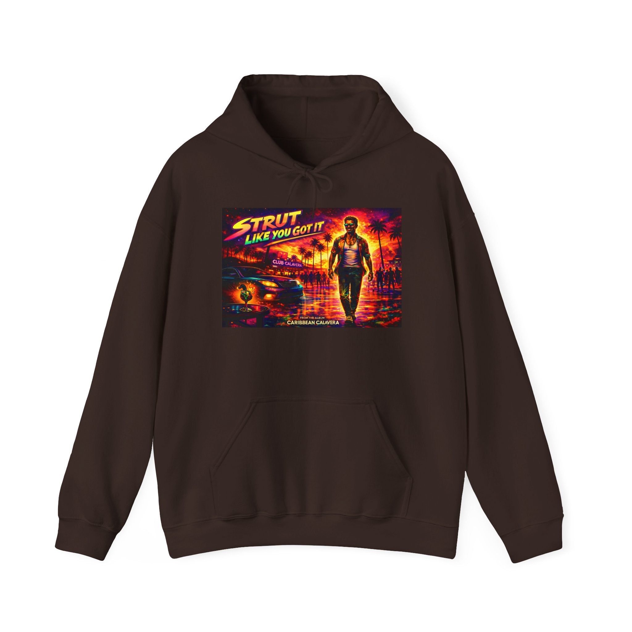 Retro 'Strut Like You Got It' Hoodie Song Cover Art From The Caribbean Calavera Album  — 80s Neon Vaporwave Streetwear