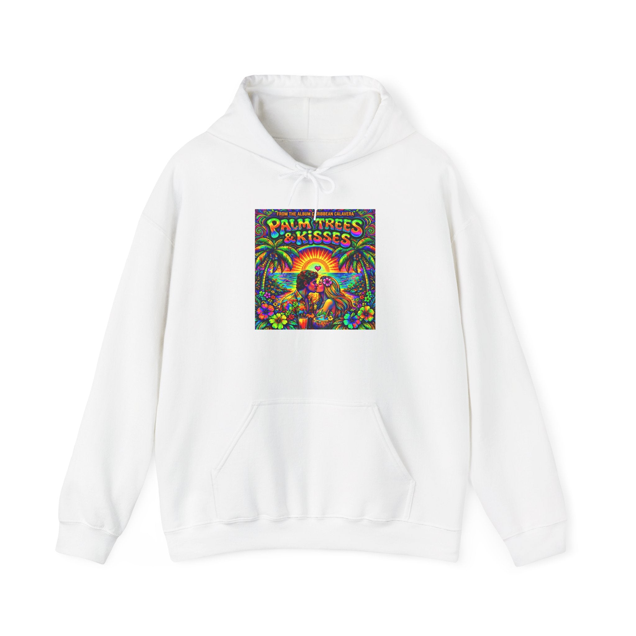 Palm Trees & Kisses Hoodie Song Cover Art From The Caribbean Calavera Album  — Retro Tropical Sunset Graphic Hooded Sweatshirt