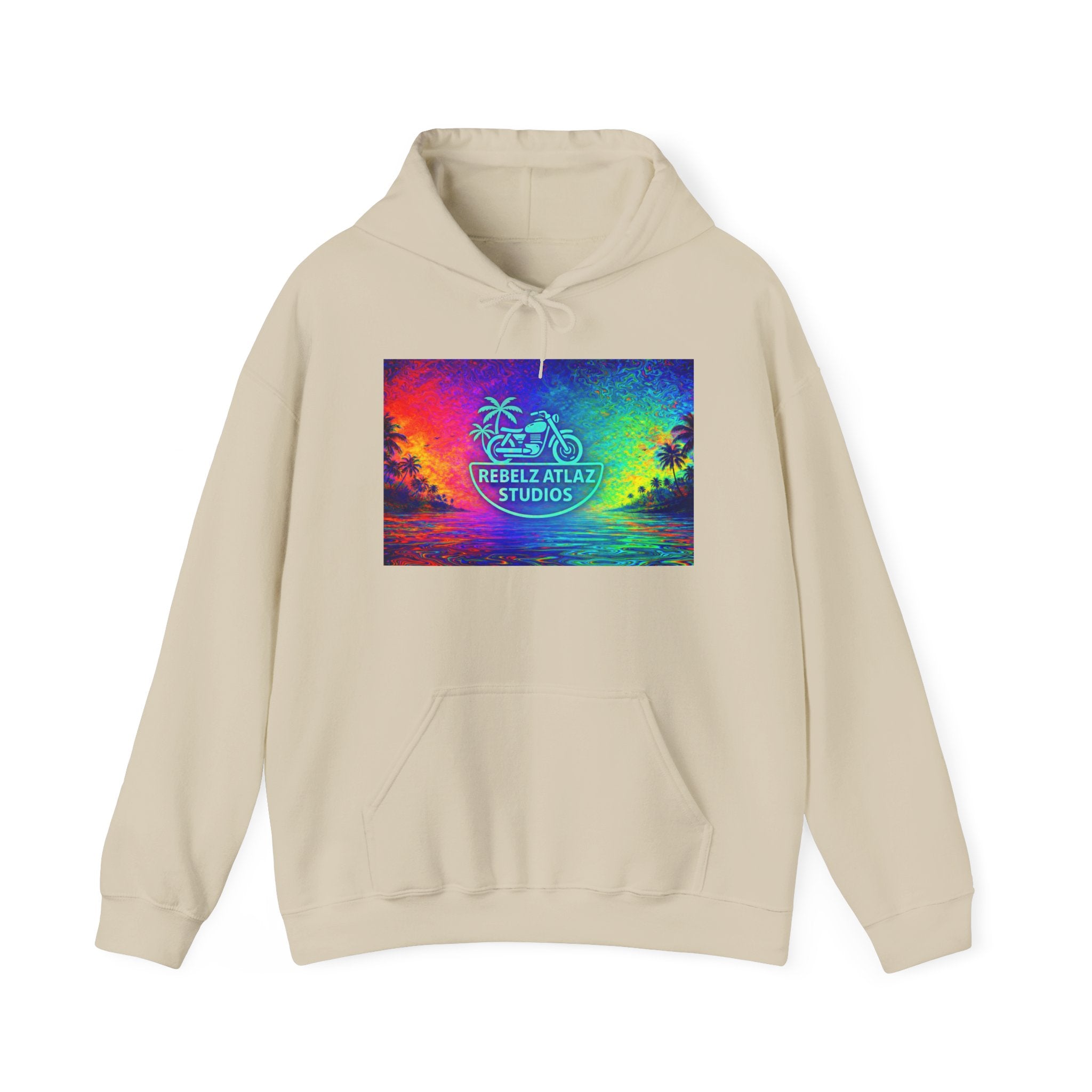 Rebelz Atlaz Studios Tropical Sunset Hoodie — Vibrant Rainbow Beach Graphic