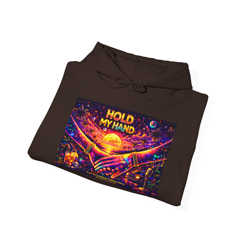 Hold My Hand Cosmic Hoodie Song Cover Art From The Caribbean Calavera Album  — Vibrant Sunset Hands Graphic Sweatshirt