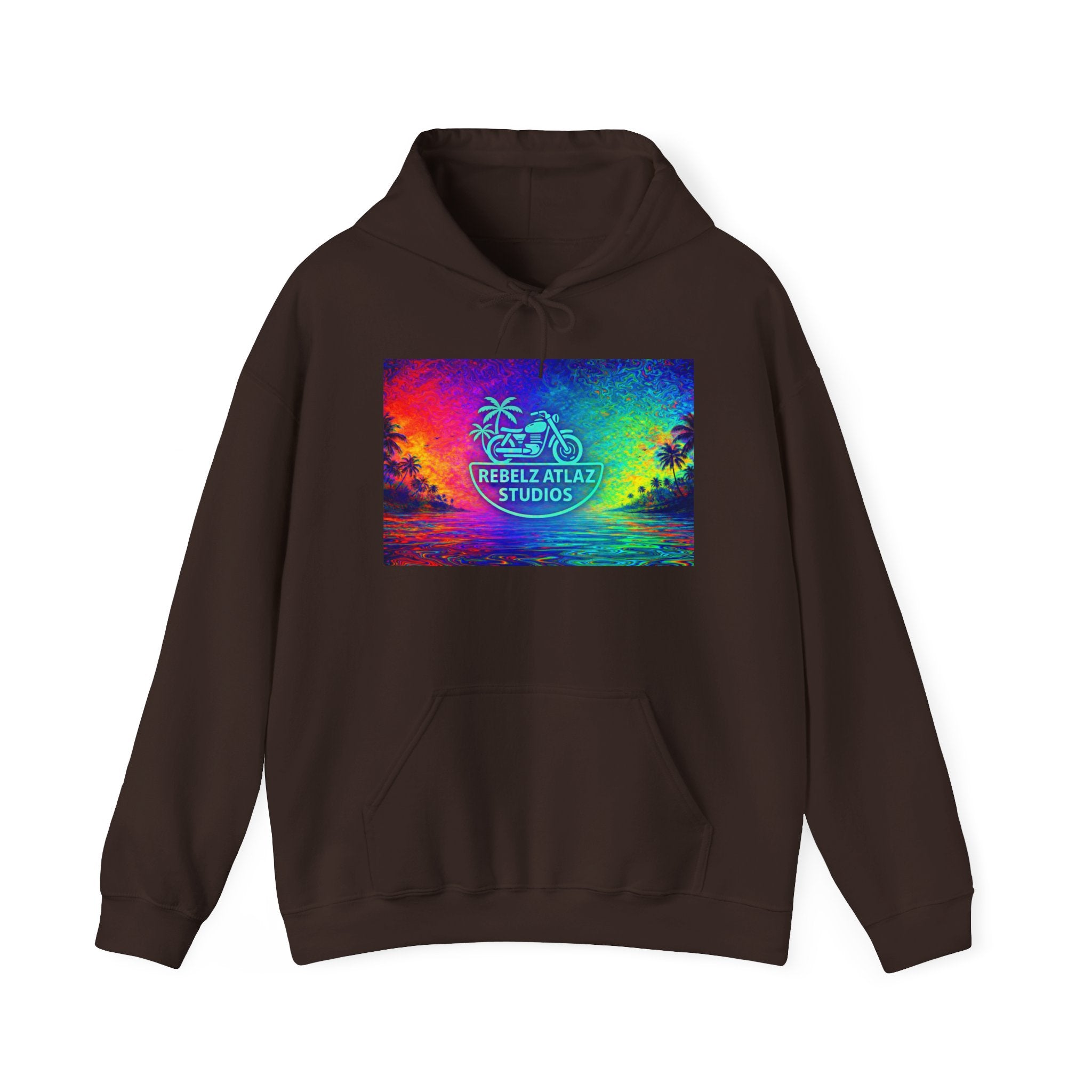 Rebelz Atlaz Studios Tropical Sunset Hoodie — Vibrant Rainbow Beach Graphic