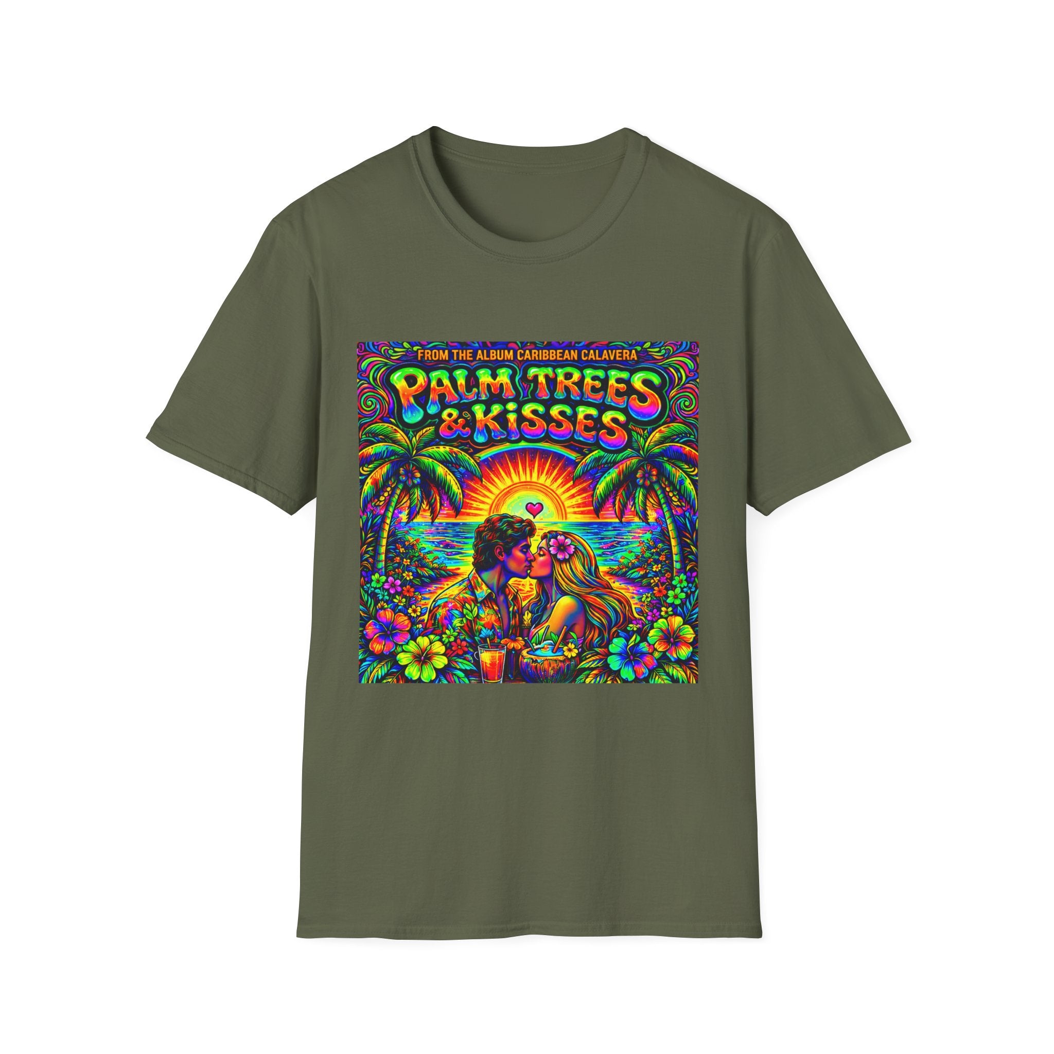 Palm Trees & Kisses Song Cover Art From The Caribbean Calavera Album  Tropical Graphic T-Shirt — Retro Sunset Beach Vibes