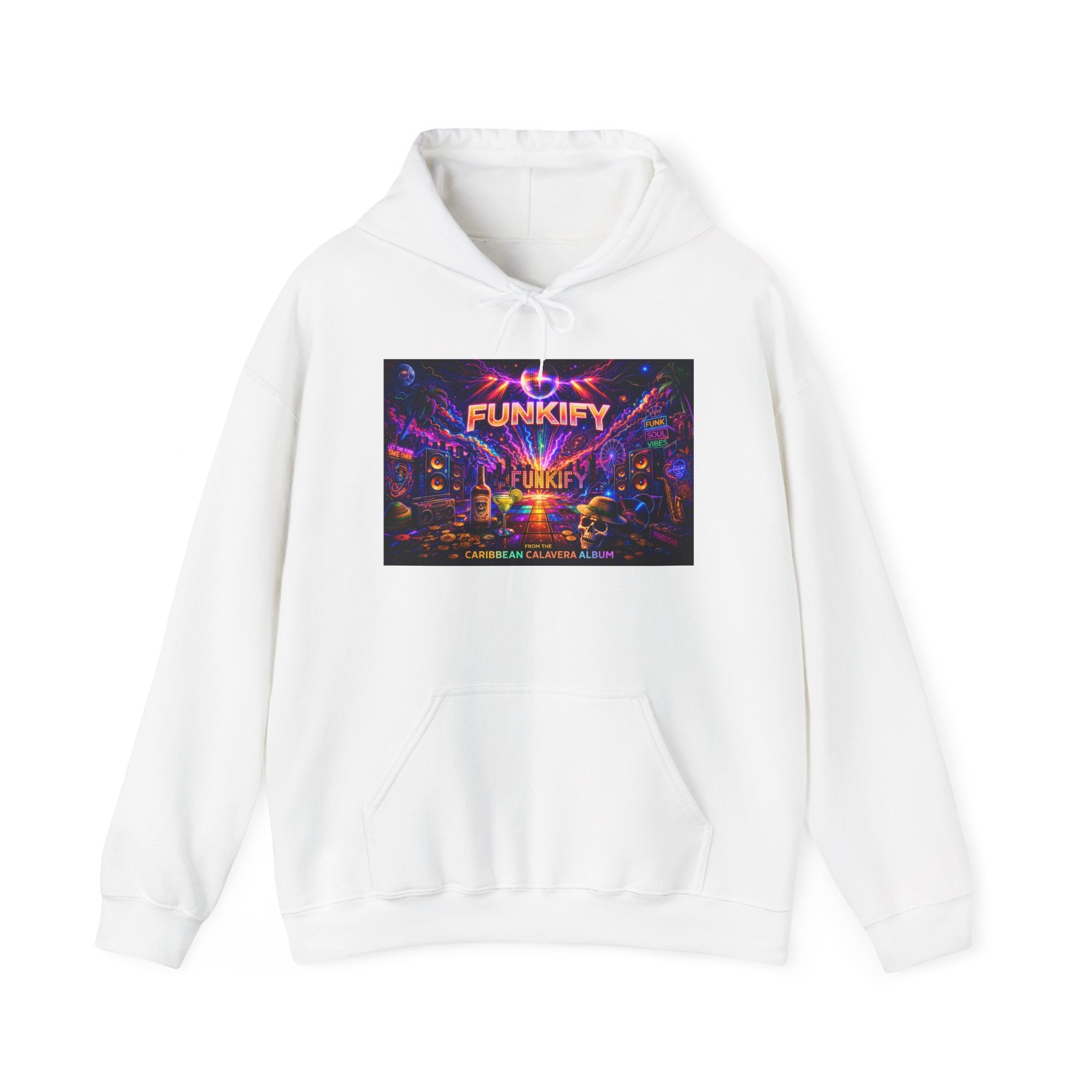 Funkify  Song Cover Art From The Caribbean Calavera Album   Retro Neon Music Hoodie — Vibrant Electronic Festival Sweatshirt