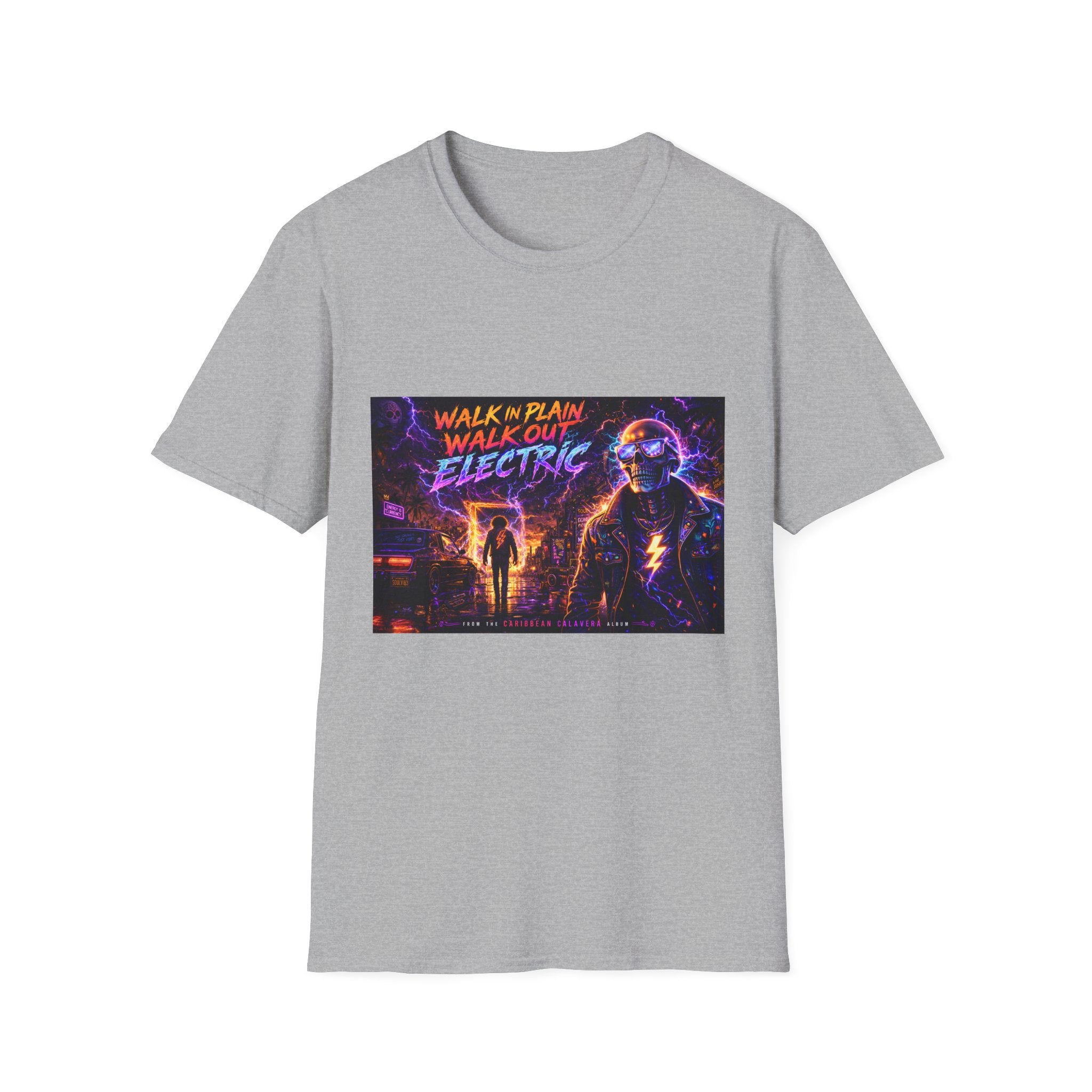 Walk Out Electric  Song Cover Art From The Caribbean Calavera Album Hoodie Retro Tee — “Walk In Plain, Walk Out Electric” Vintage Cyberpunk T-Shirt