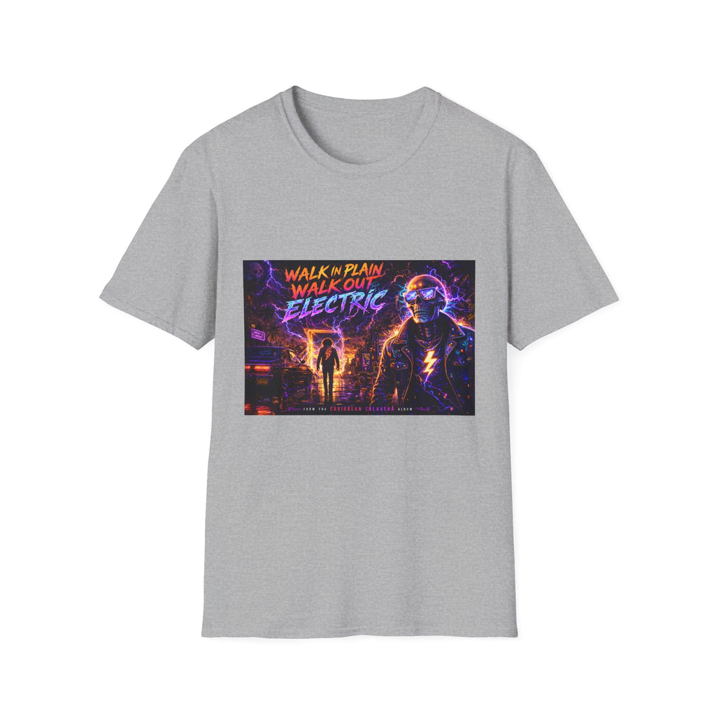 Walk Out Electric  Song Cover Art From The Caribbean Calavera Album Hoodie Retro Tee — “Walk In Plain, Walk Out Electric” Vintage Cyberpunk T-Shirt