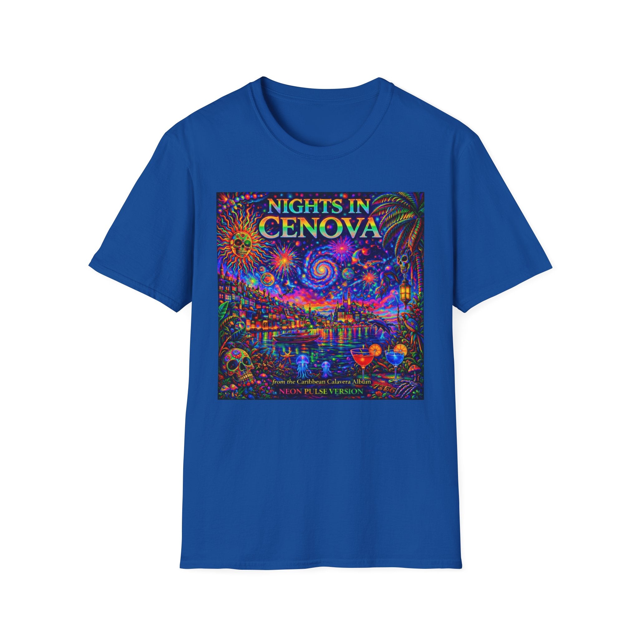 Nights in Cenovia T-Shirt  Song Cover Art From The Caribbean Calavera Album   — Colorful Fireworks Cityscape Tee