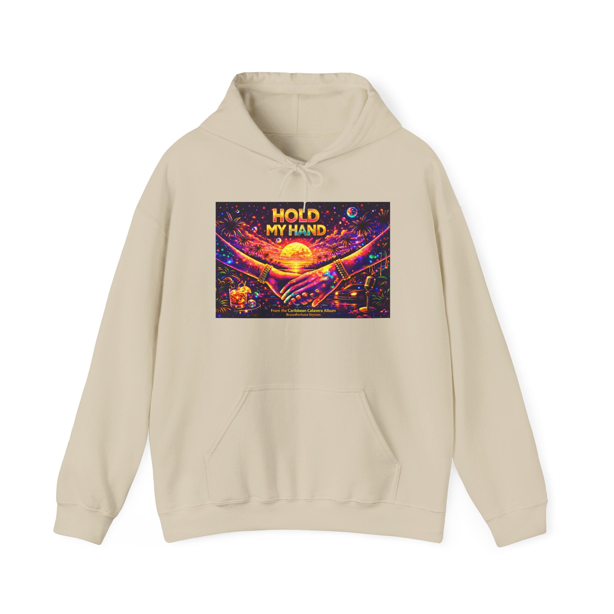 Hold My Hand Cosmic Hoodie Song Cover Art From The Caribbean Calavera Album  — Vibrant Sunset Hands Graphic Sweatshirt