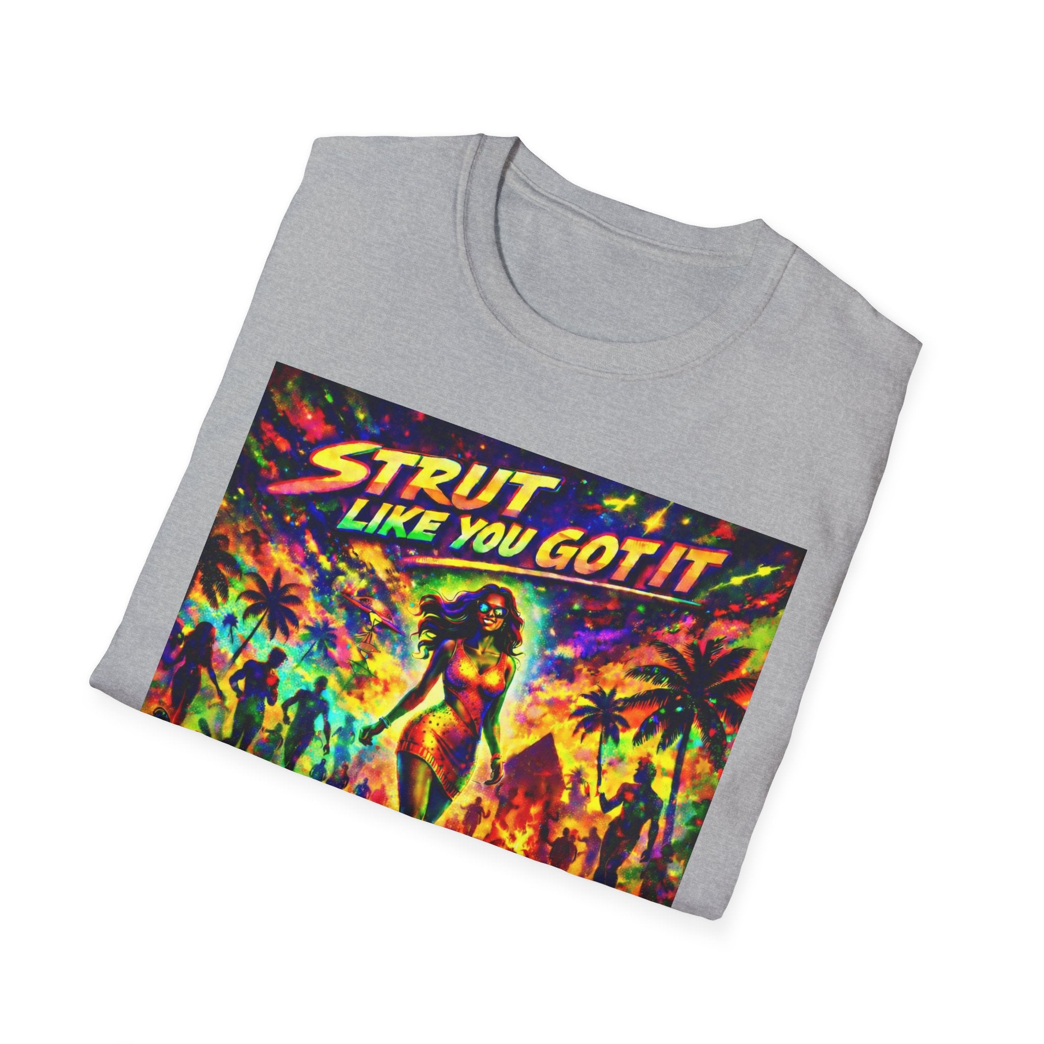 Strut Like You Got It Graphic T-Shirt  Song Cover Art From The Caribbean Calavera Album — Retro Neon Beach Vibe