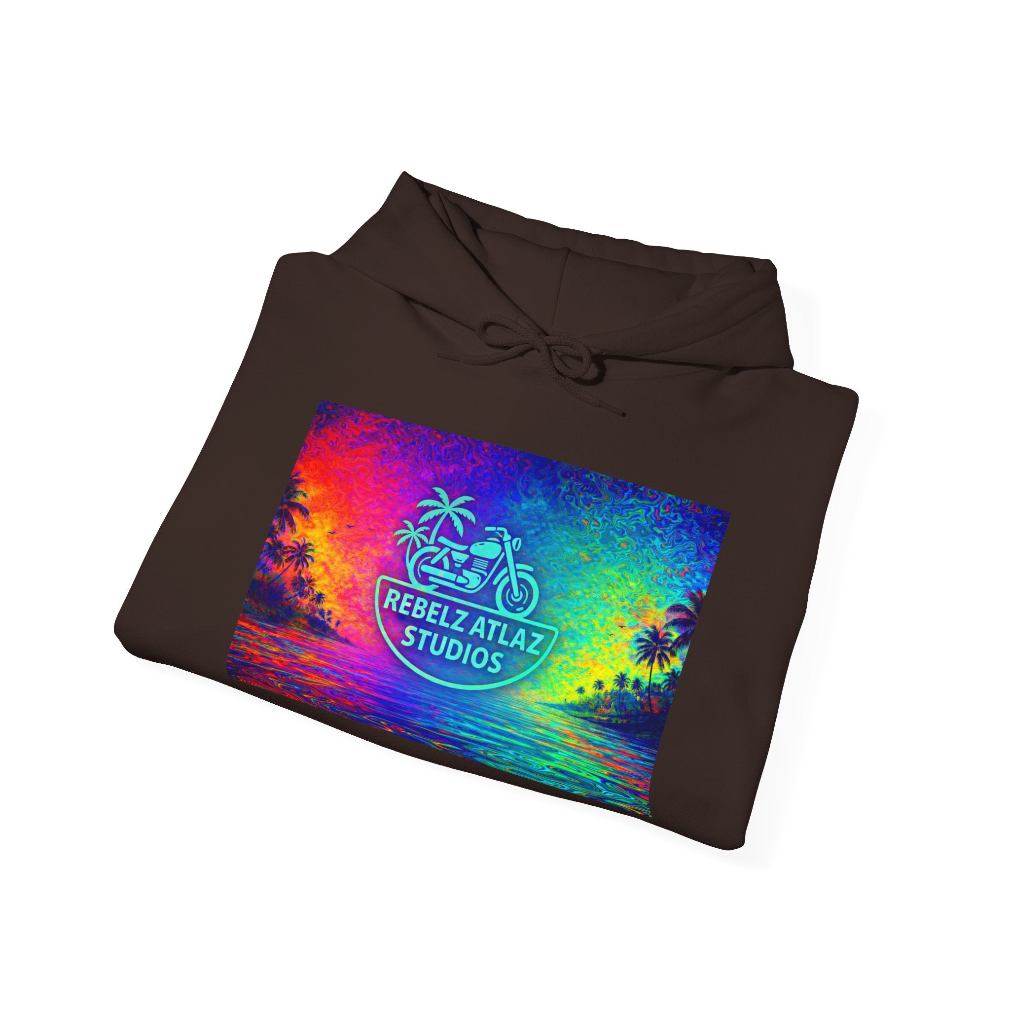 Rebelz Atlaz Studios Tropical Sunset Hoodie — Vibrant Rainbow Beach Graphic