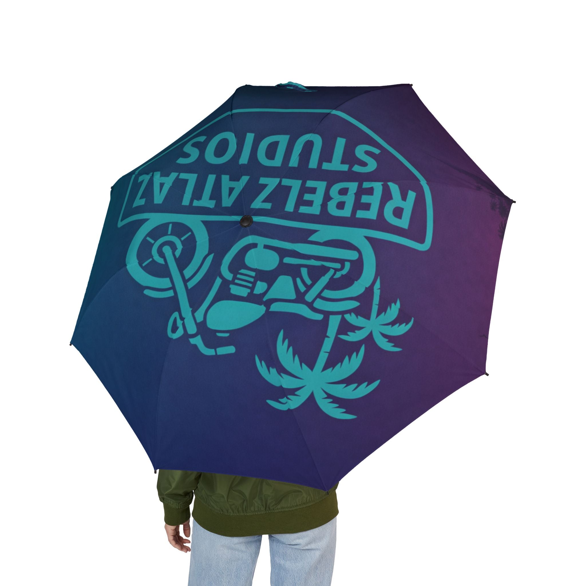 Foldable Umbrella — Gradient Blue Motorcycle 'Rebel Atlaz Studios' Design