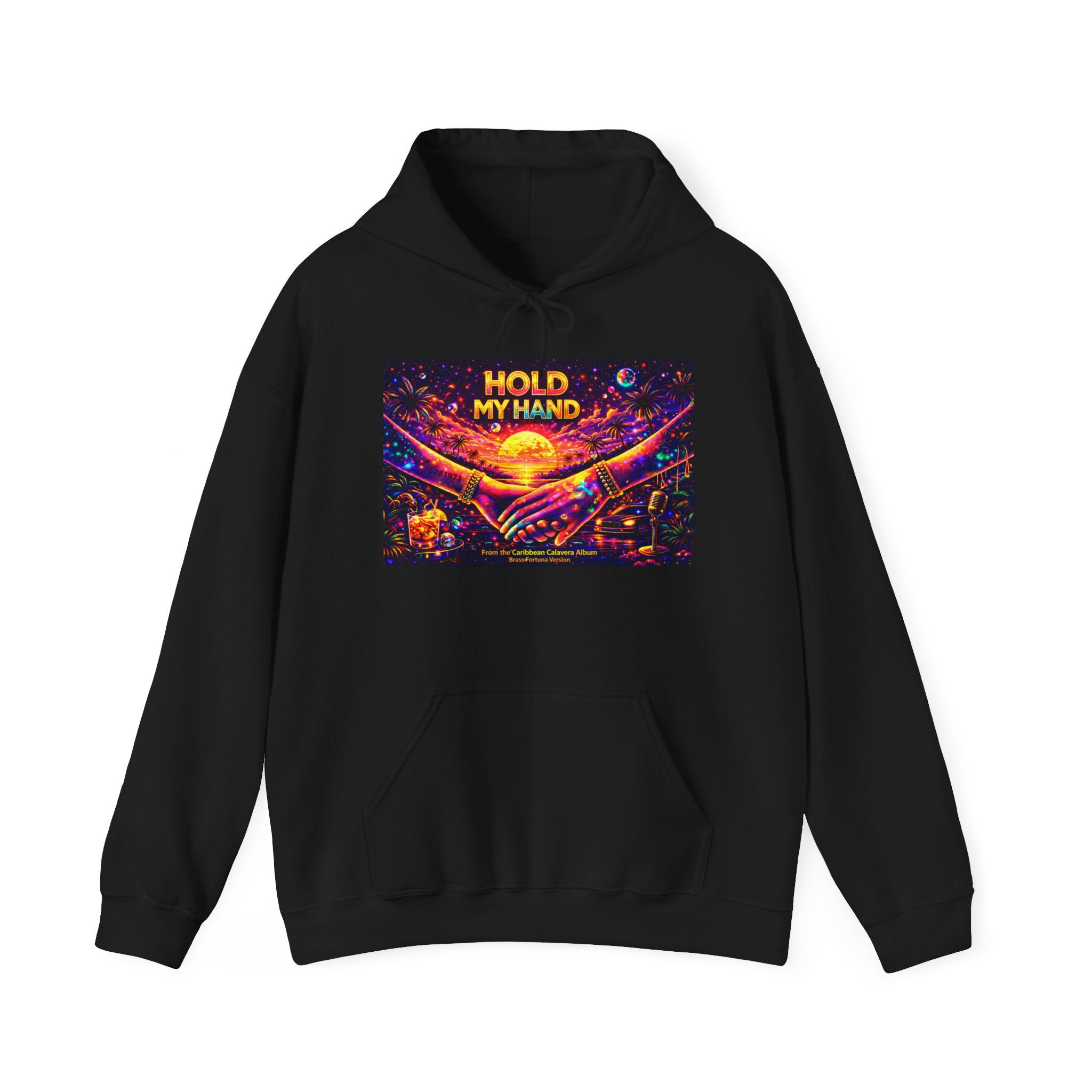 Hold My Hand Cosmic Hoodie Song Cover Art From The Caribbean Calavera Album  — Vibrant Sunset Hands Graphic Sweatshirt
