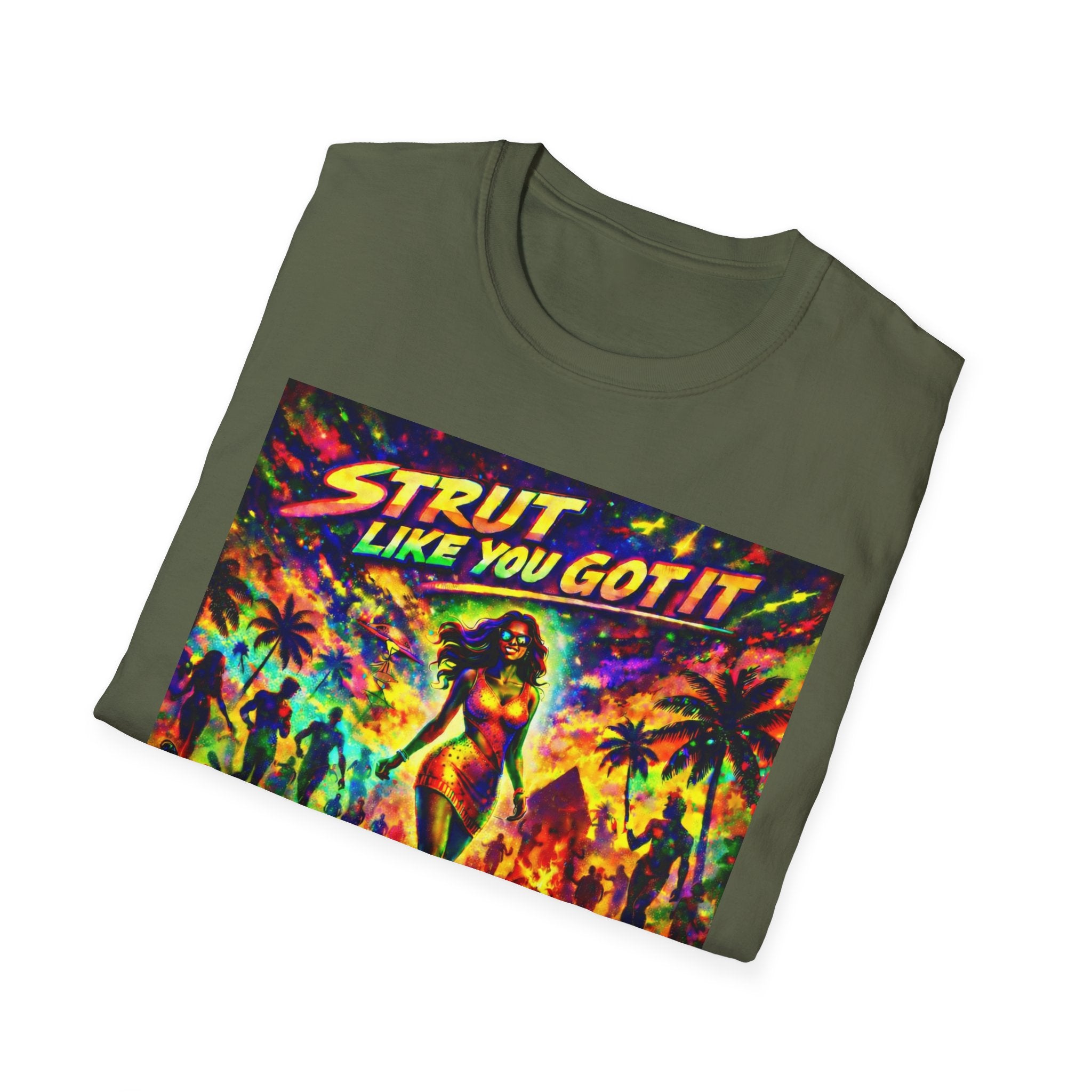 Strut Like You Got It Graphic T-Shirt  Song Cover Art From The Caribbean Calavera Album — Retro Neon Beach Vibe