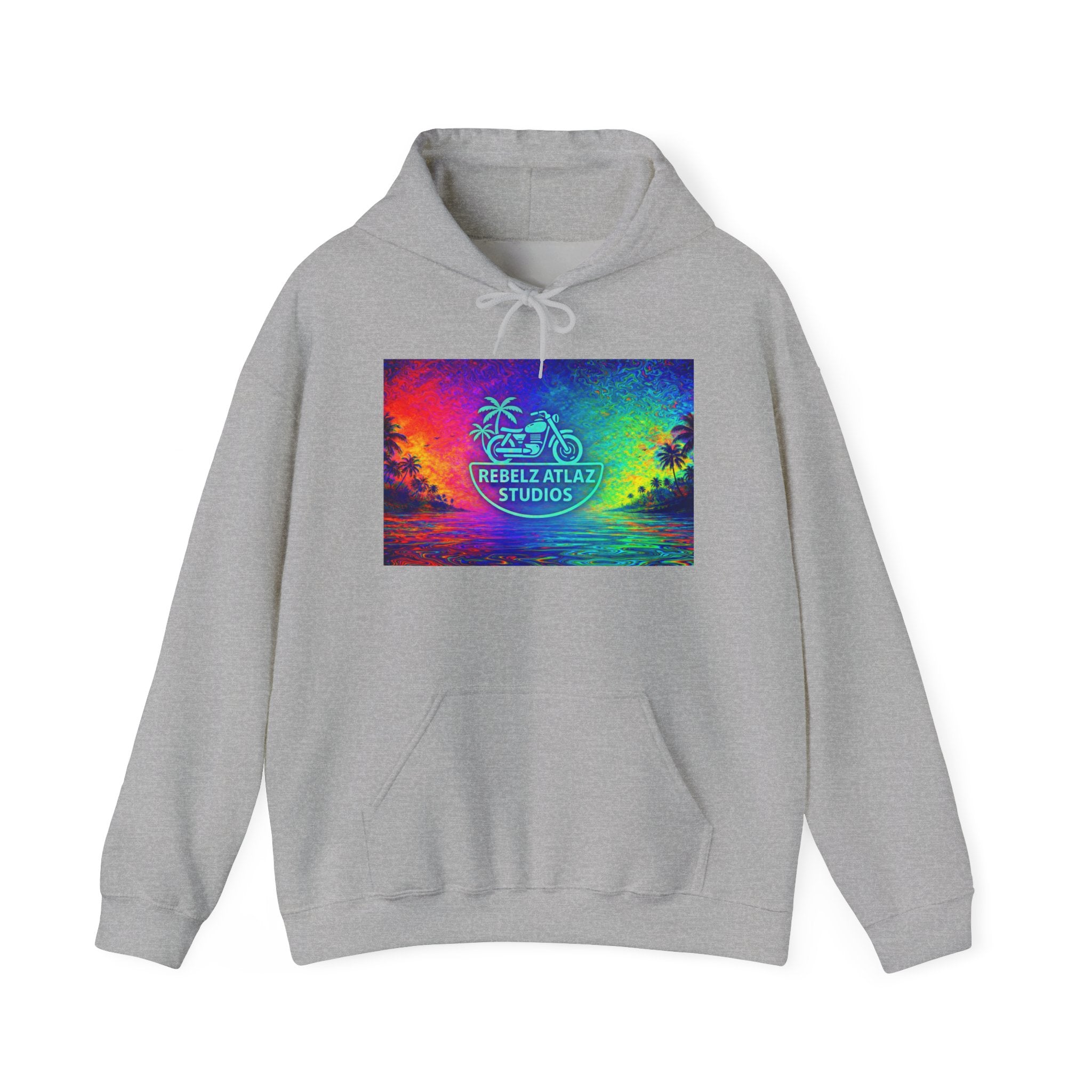 Rebelz Atlaz Studios Tropical Sunset Hoodie — Vibrant Rainbow Beach Graphic