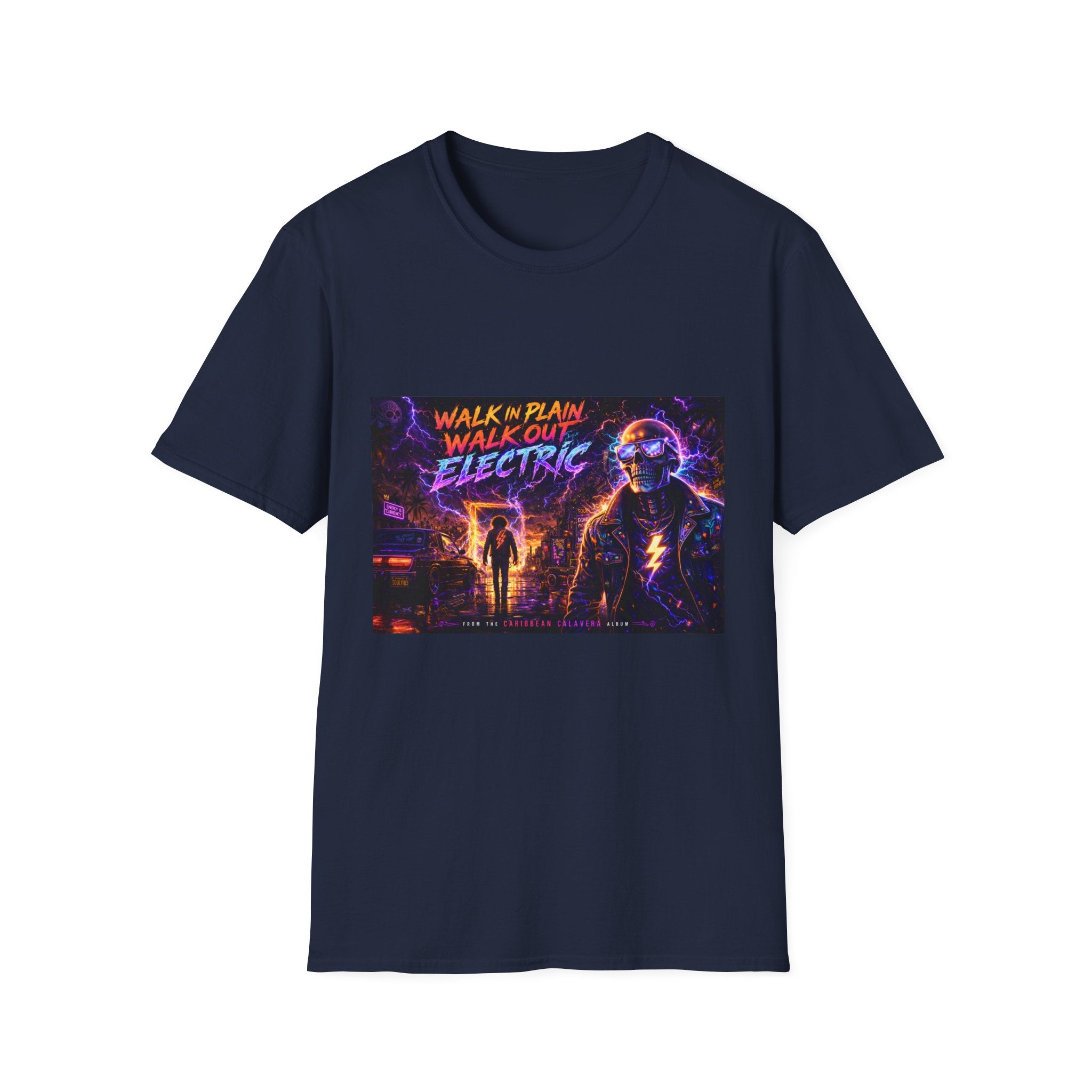 Walk Out Electric  Song Cover Art From The Caribbean Calavera Album Hoodie Retro Tee — “Walk In Plain, Walk Out Electric” Vintage Cyberpunk T-Shirt
