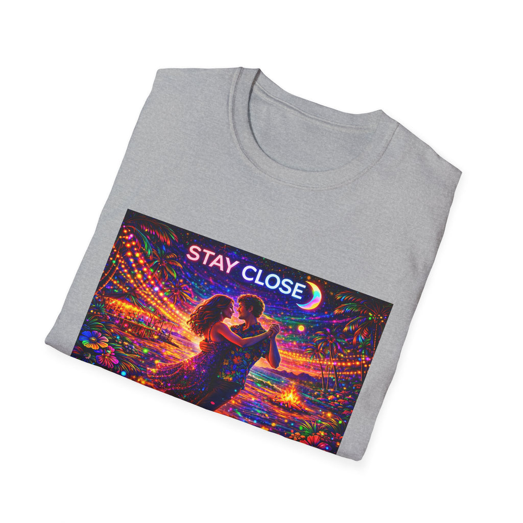 Stay Close Romantic Graphic T‑Shirt  Song Cover Art From The Caribbean Calavera Album  — Neon Couple Illustration