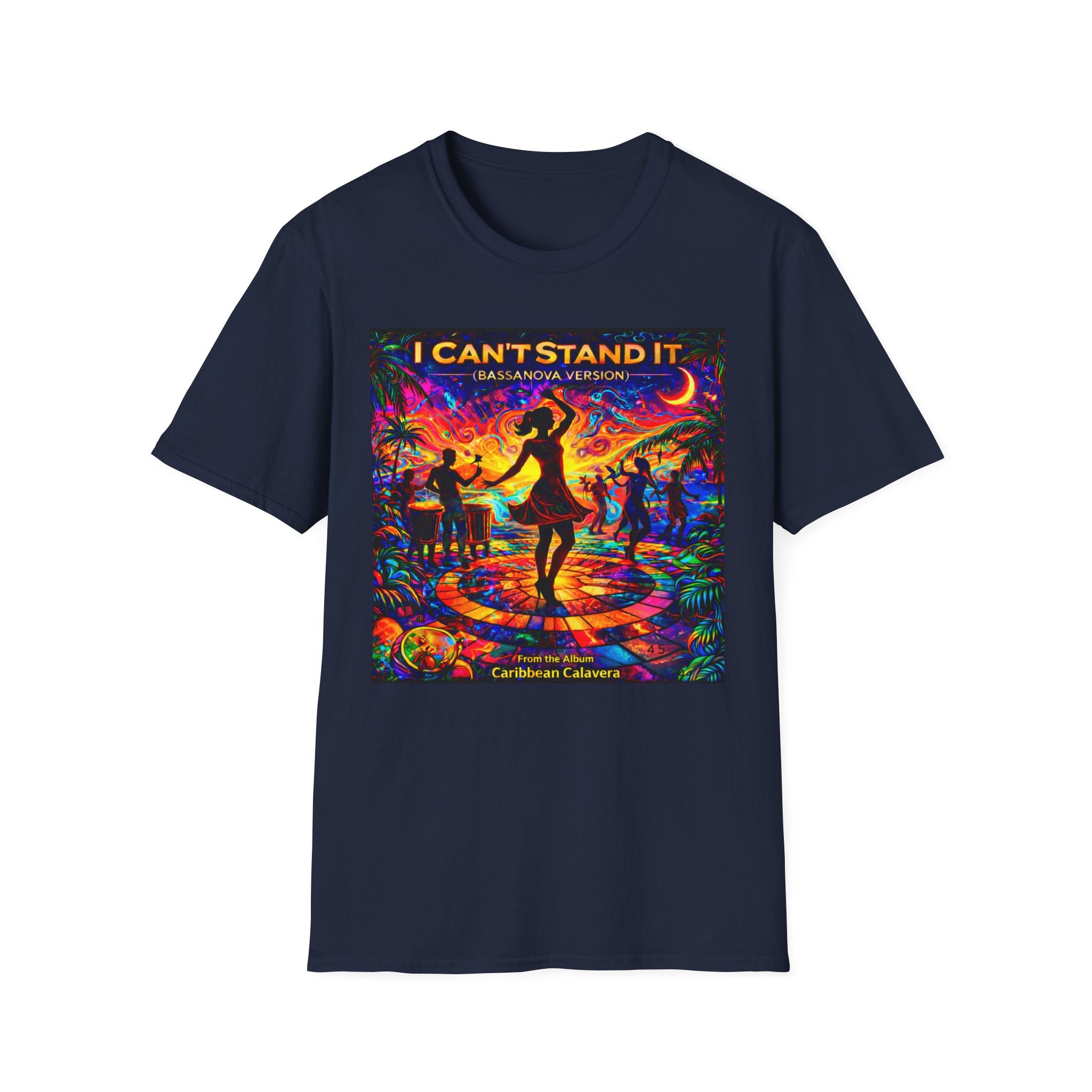 I Can't Stand It Dance T-Shirt   Song Cover Art From The Caribbean Calavera Album — Vibrant Caribbean Disco Sunset Tee