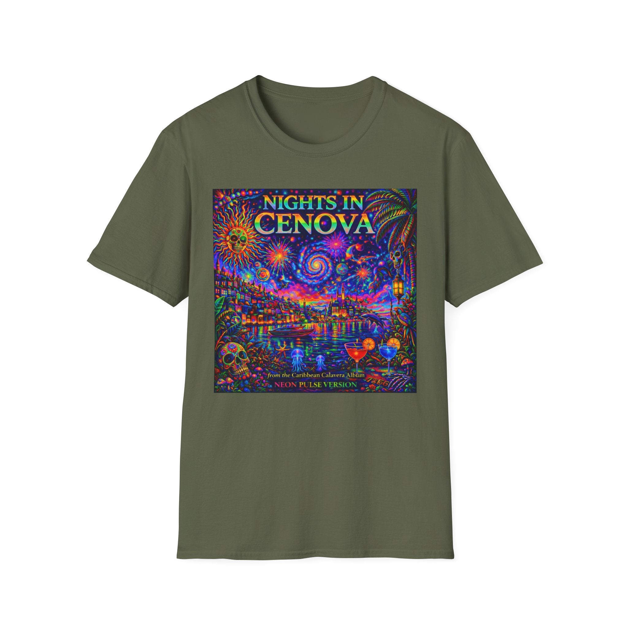 Nights in Cenovia T-Shirt  Song Cover Art From The Caribbean Calavera Album   — Colorful Fireworks Cityscape Tee