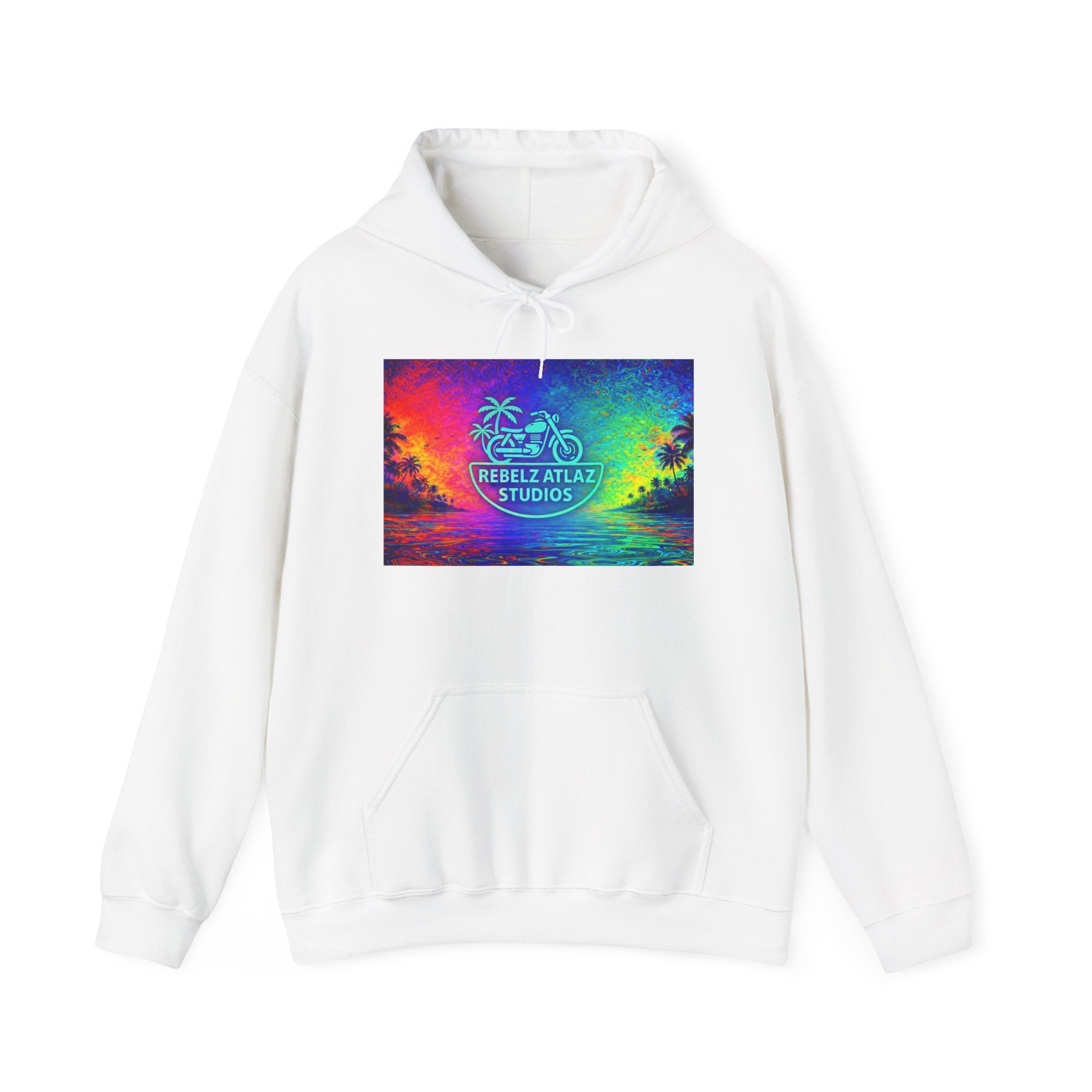 Rebelz Atlaz Studios Tropical Sunset Hoodie — Vibrant Rainbow Beach Graphic
