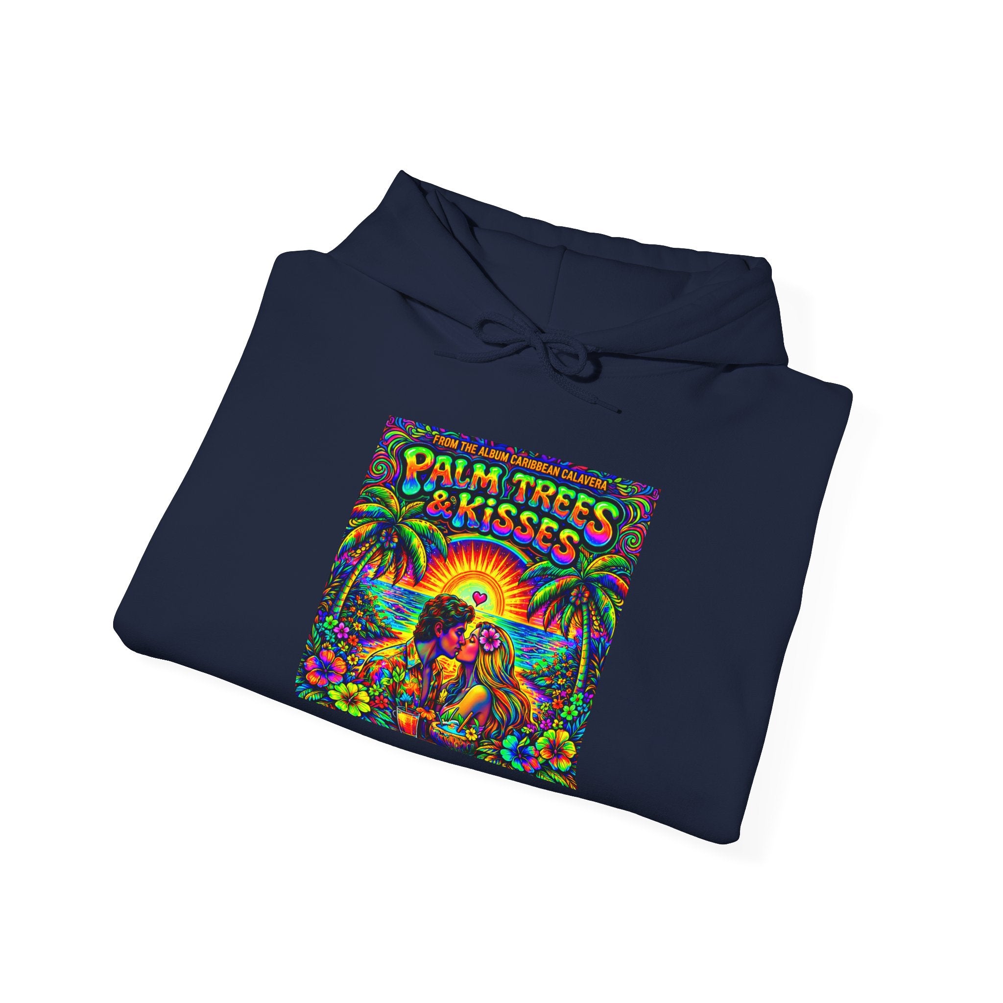 Palm Trees & Kisses Hoodie Song Cover Art From The Caribbean Calavera Album  — Retro Tropical Sunset Graphic Hooded Sweatshirt