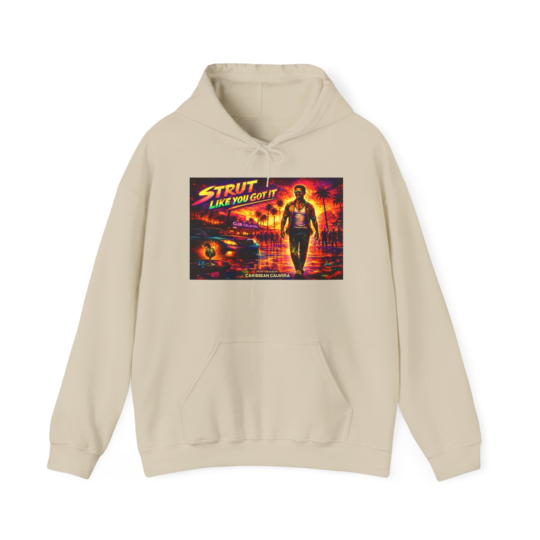 Retro 'Strut Like You Got It' Hoodie Song Cover Art From The Caribbean Calavera Album  — 80s Neon Vaporwave Streetwear
