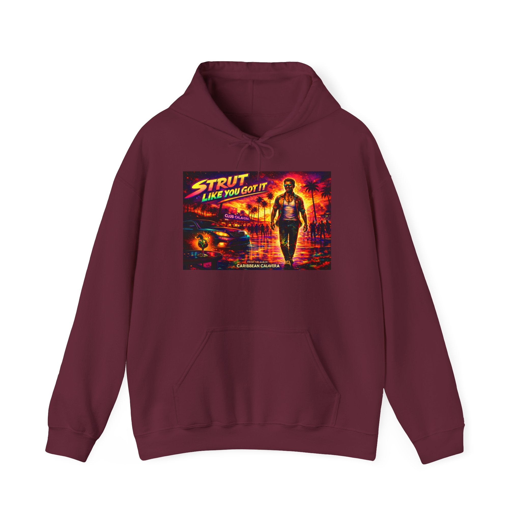 Retro 'Strut Like You Got It' Hoodie Song Cover Art From The Caribbean Calavera Album  — 80s Neon Vaporwave Streetwear