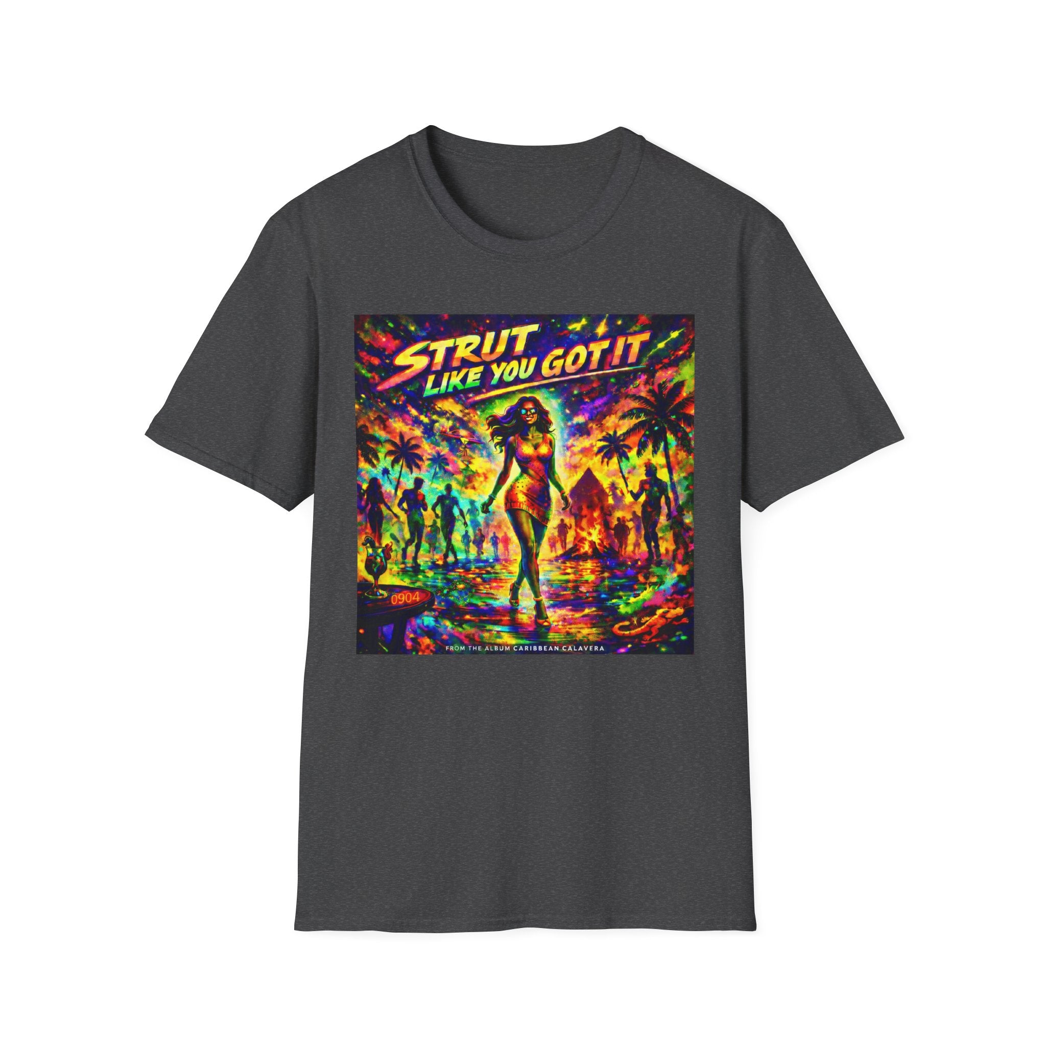 Strut Like You Got It Graphic T-Shirt  Song Cover Art From The Caribbean Calavera Album — Retro Neon Beach Vibe