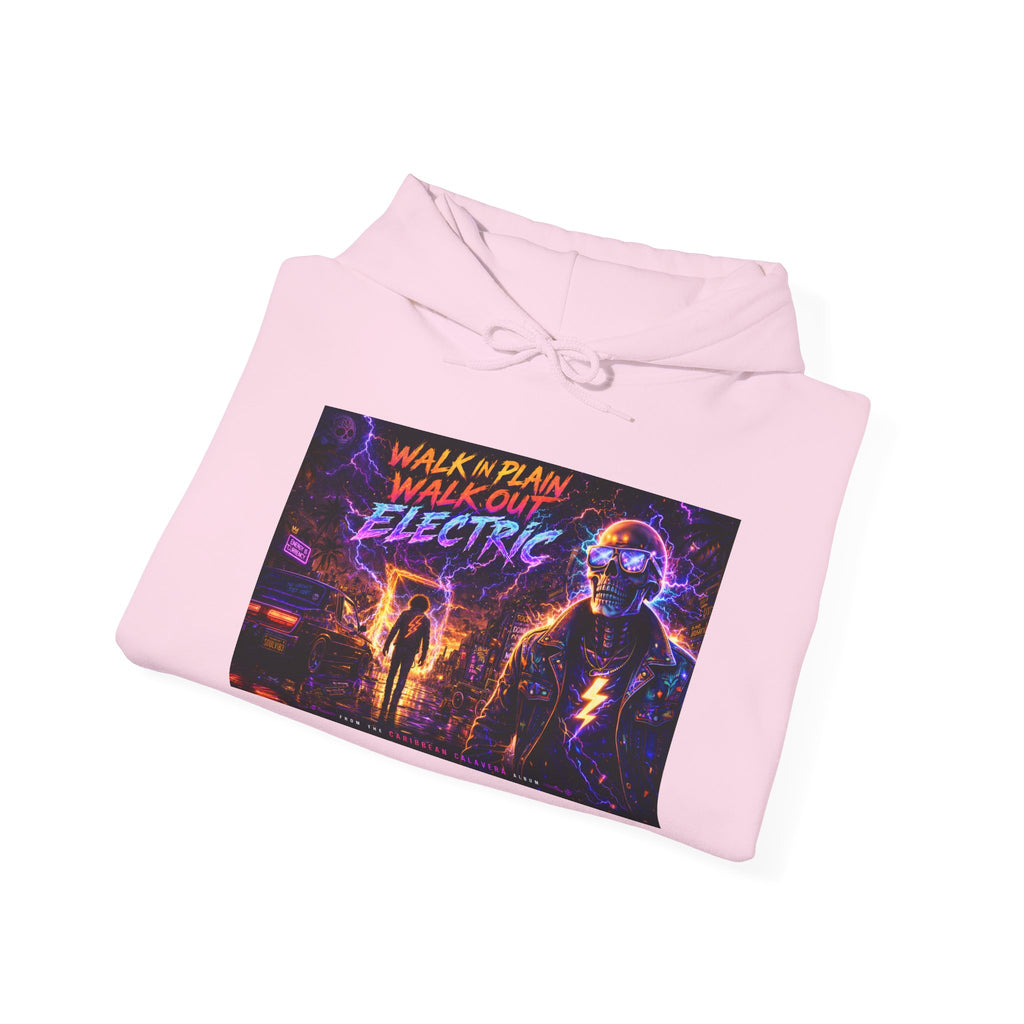 Hoodie — Neon 'Walk With Me, Walk Out Electric' Retro Cyberpunk Design