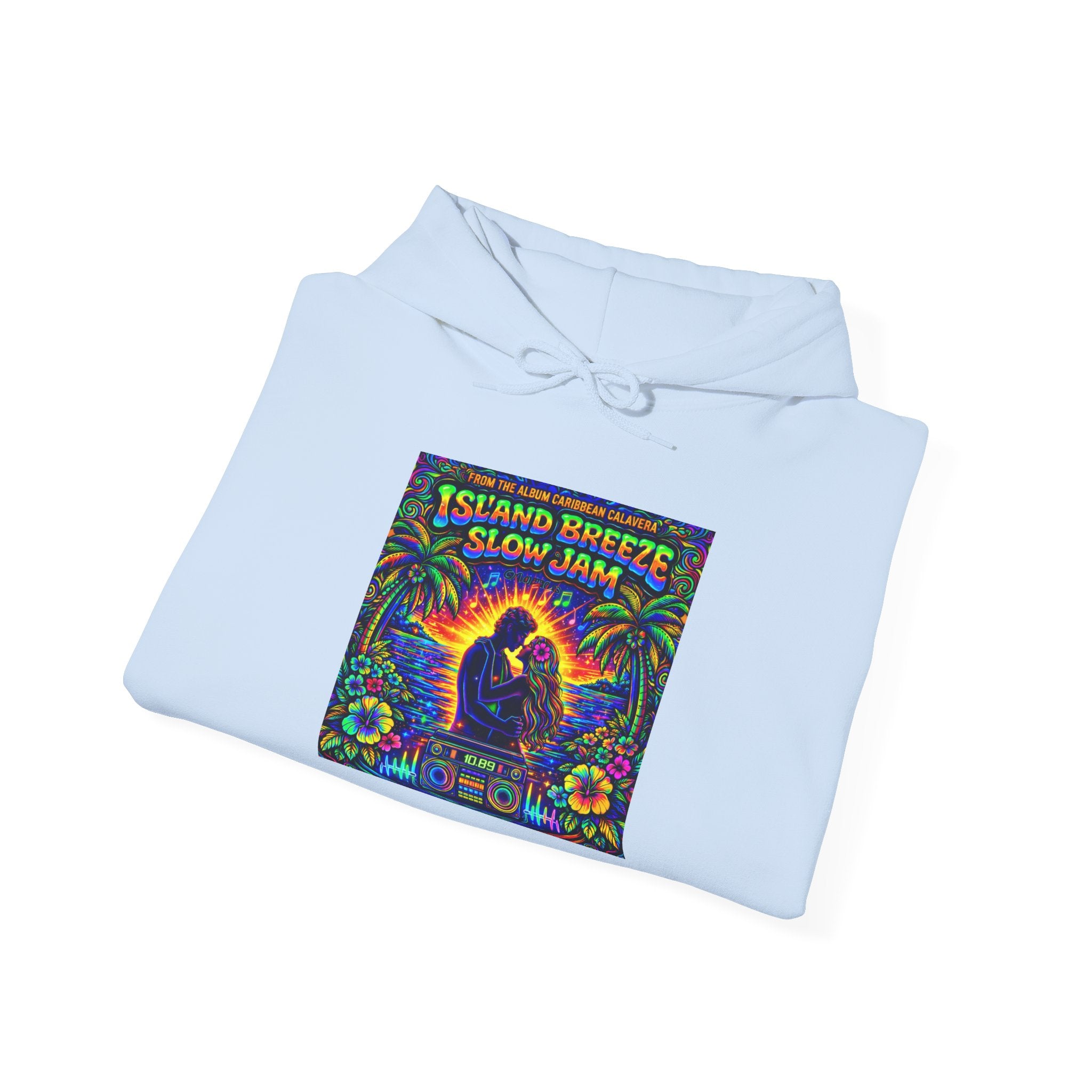 Island Breeze Slow Jam Hoodie  Song Cover Art From The Caribbean Calavera Album  — Retro Tropical Couple Graphic Hoodie