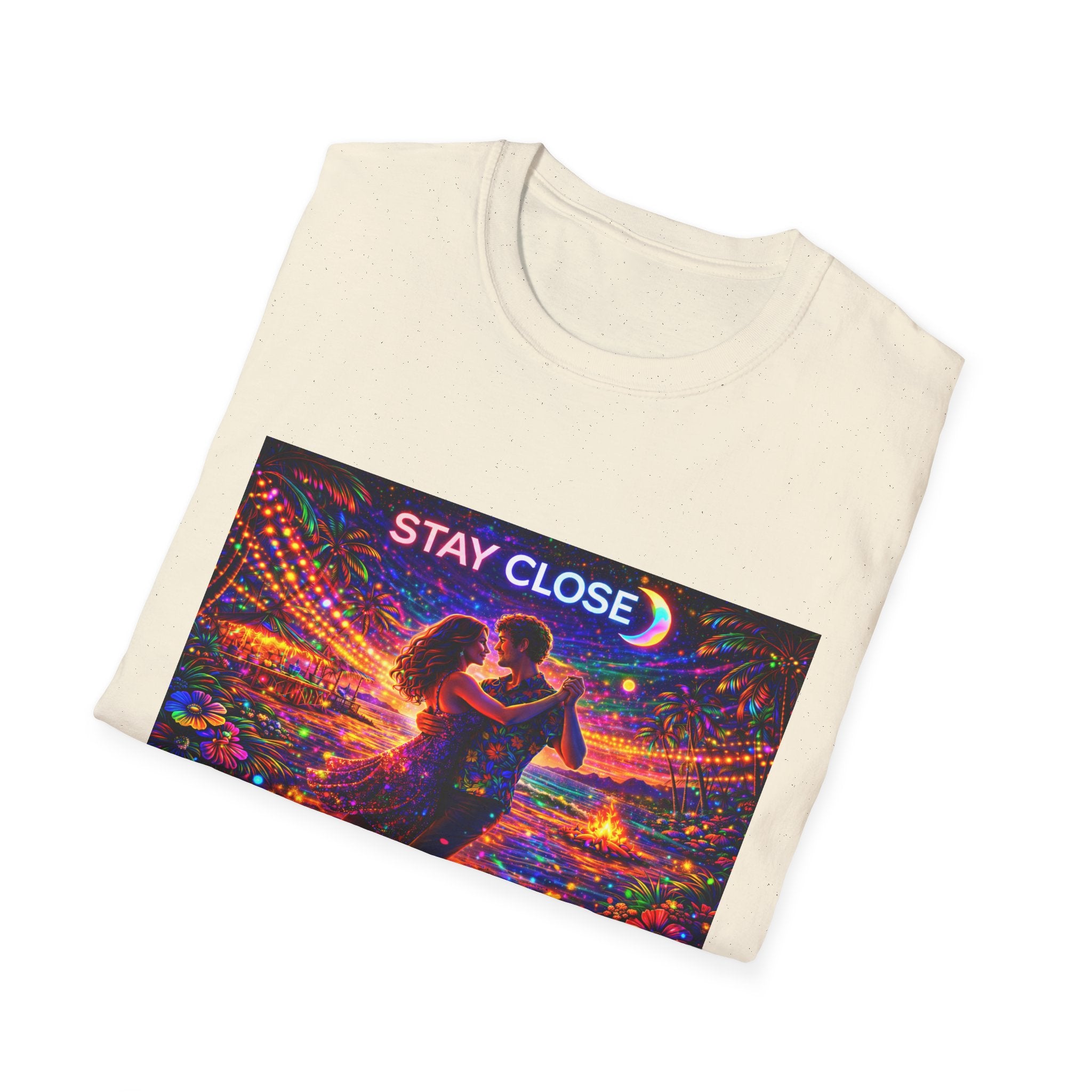 Stay Close Romantic Graphic T‑Shirt  Song Cover Art From The Caribbean Calavera Album  — Neon Couple Illustration