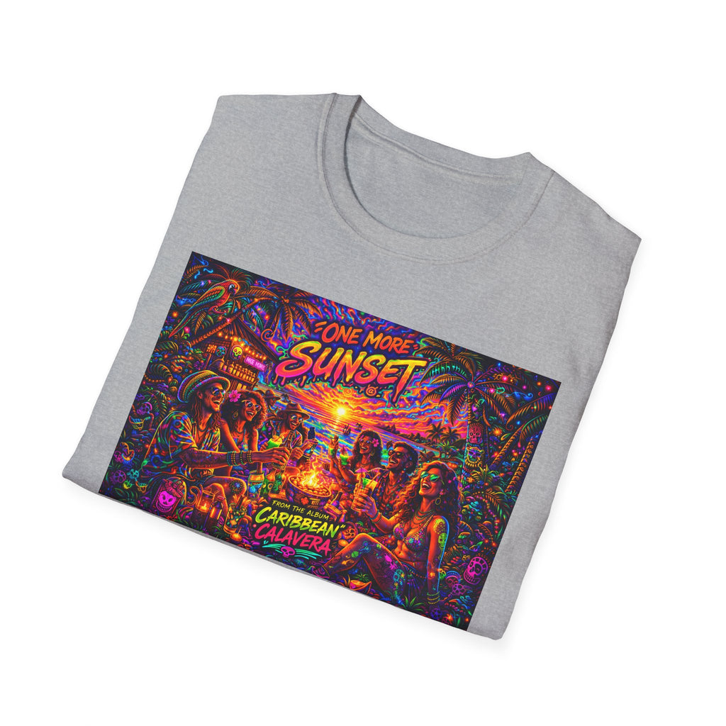 One More Sunset Bonfire Graphic T-Shirt  Song Cover Art From The Caribbean Calavera Album   — "Sunset" Neon Beach Party Tee