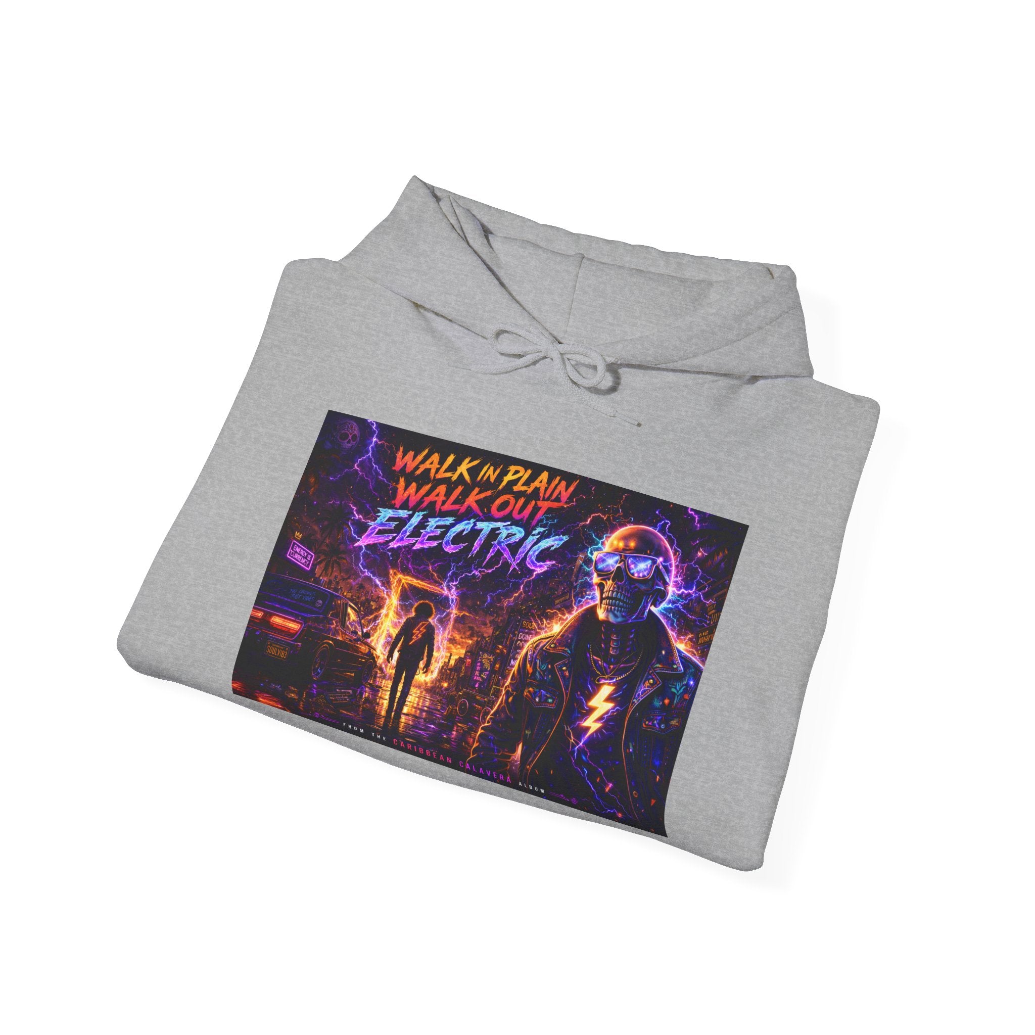 Hoodie — Neon 'Walk With Me, Walk Out Electric' Retro Cyberpunk Design