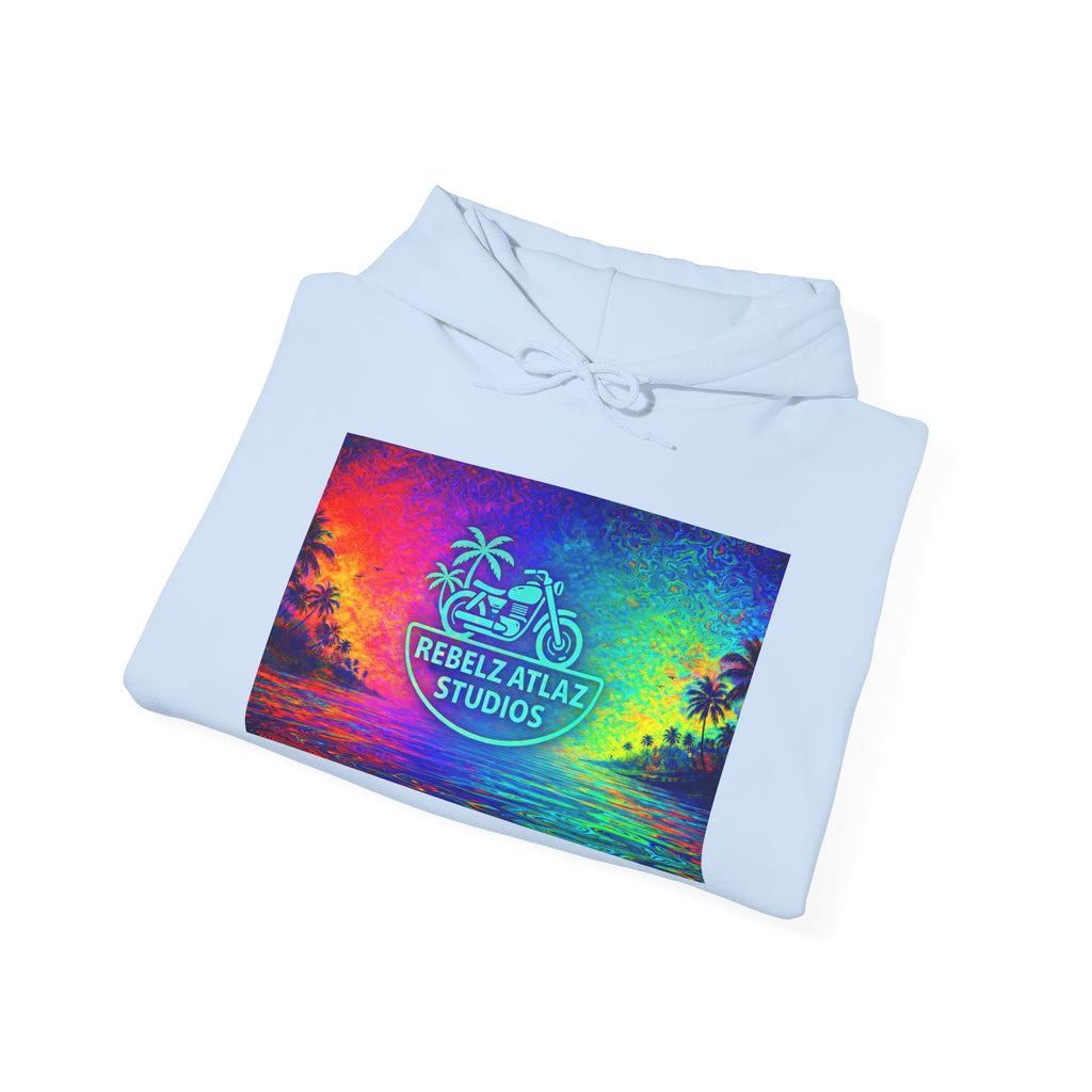 Rebelz Atlaz Studios Tropical Sunset Hoodie — Vibrant Rainbow Beach Graphic