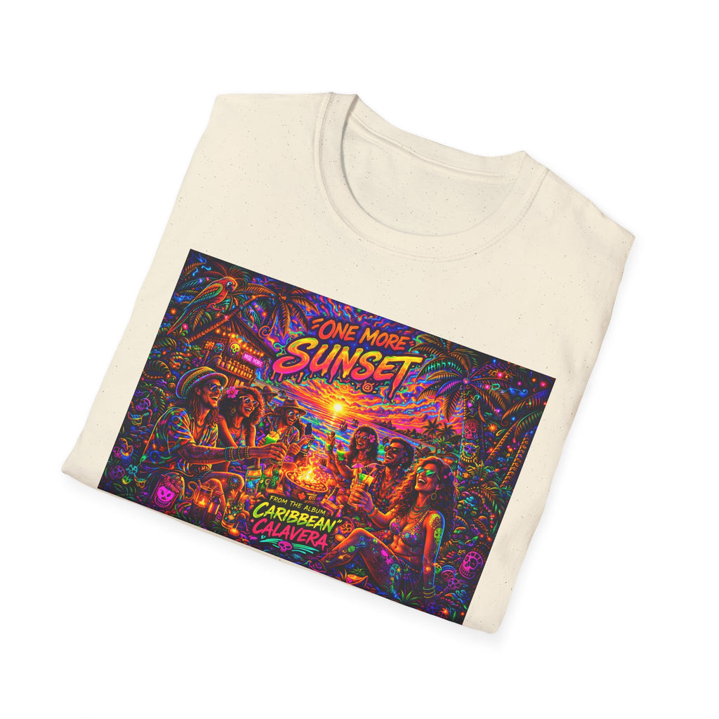 One More Sunset Bonfire Graphic T-Shirt  Song Cover Art From The Caribbean Calavera Album   — "Sunset" Neon Beach Party Tee