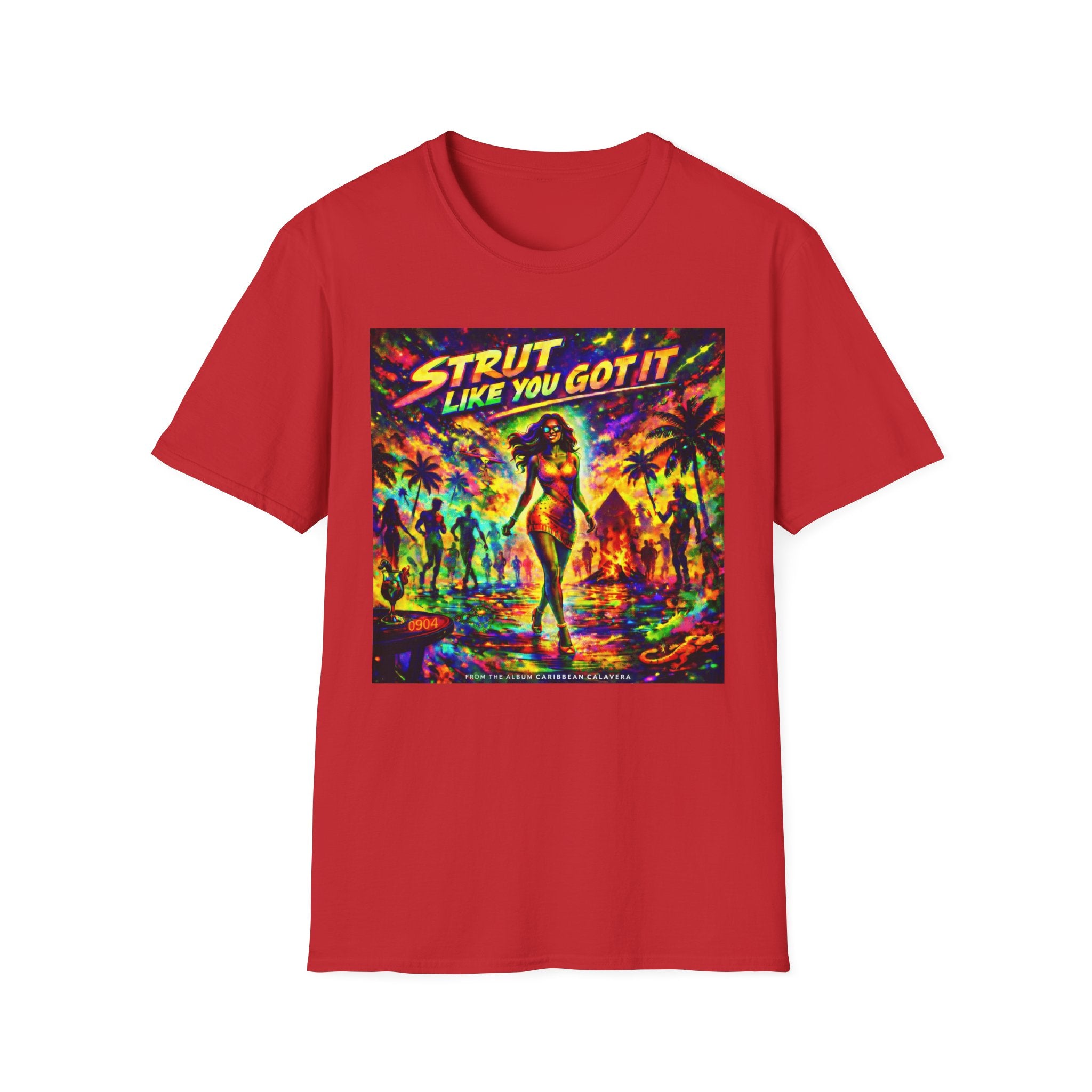 Strut Like You Got It Graphic T-Shirt  Song Cover Art From The Caribbean Calavera Album — Retro Neon Beach Vibe