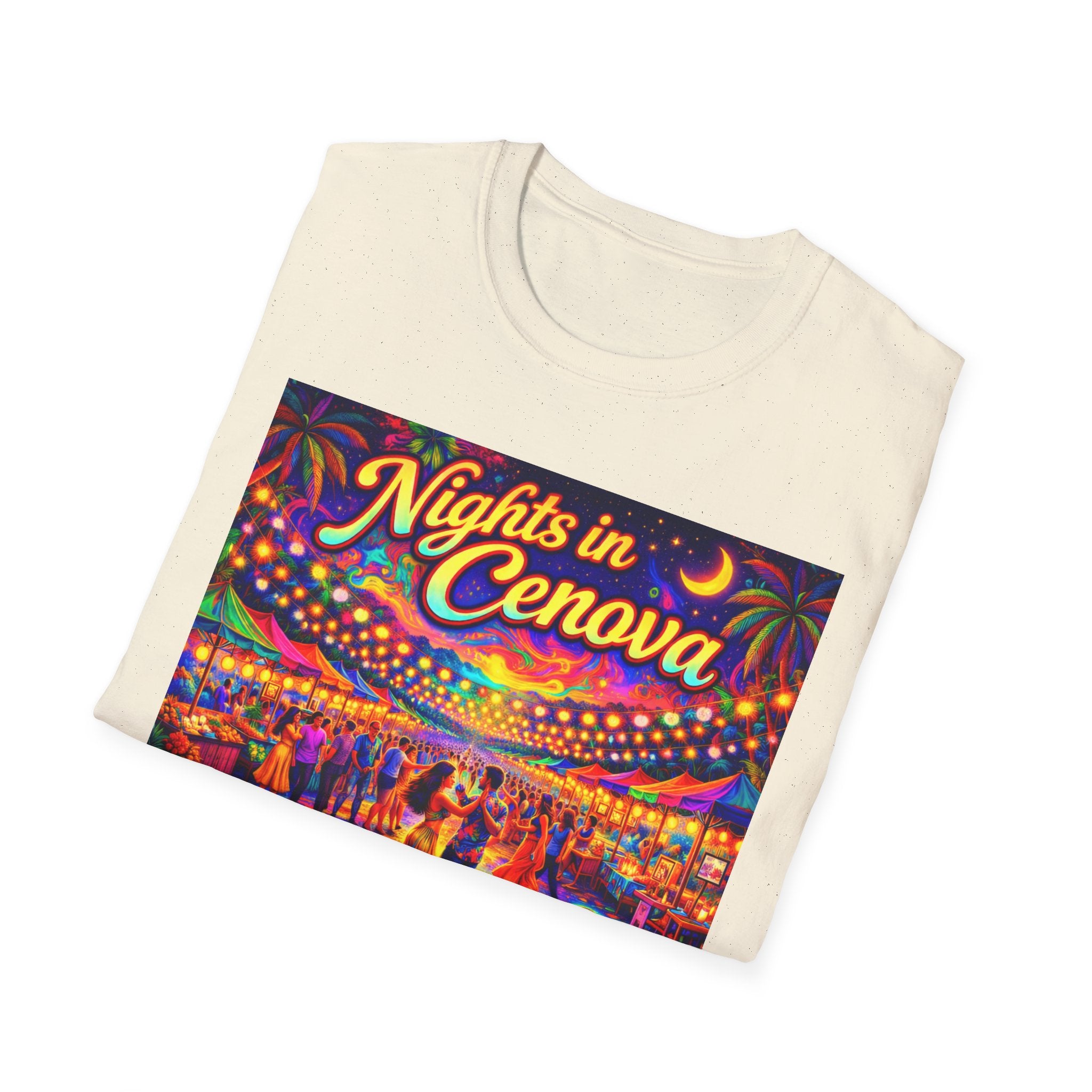 Nights in Cenova Graphic T-Shirt Song Cover Art From The Caribbean Calavera Album — Colorful Festival Street Scene