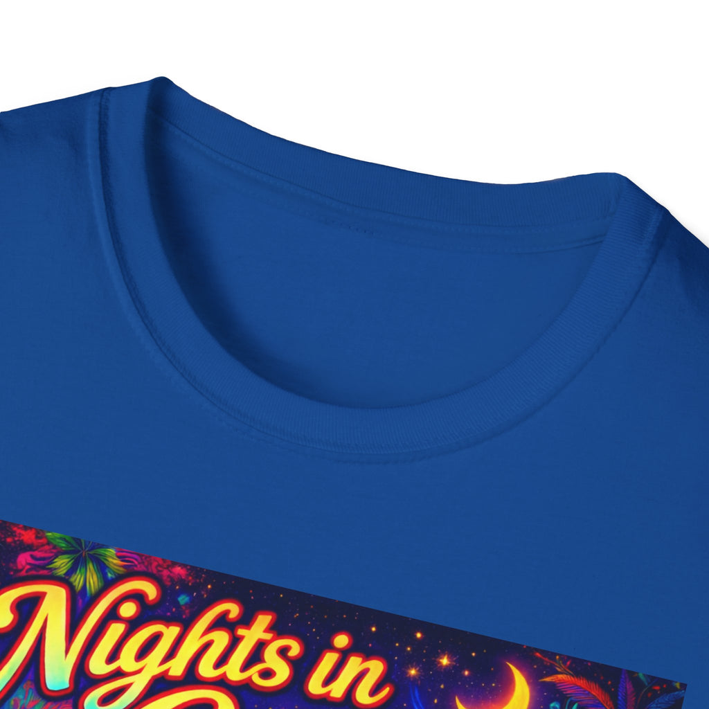 Nights in Cenova Graphic T-Shirt Song Cover Art From The Caribbean Calavera Album — Colorful Festival Street Scene