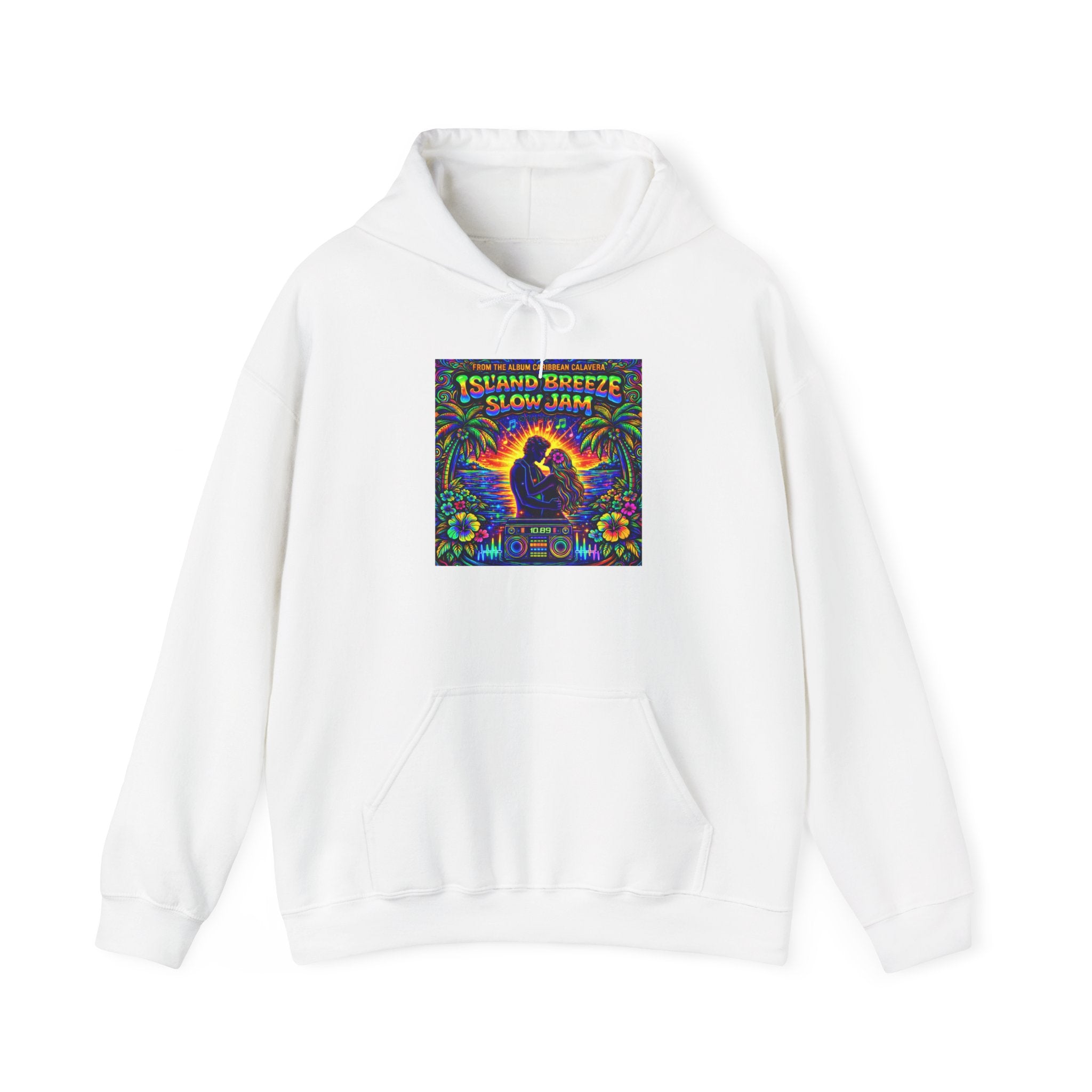 Island Breeze Slow Jam Hoodie  Song Cover Art From The Caribbean Calavera Album  — Retro Tropical Couple Graphic Hoodie