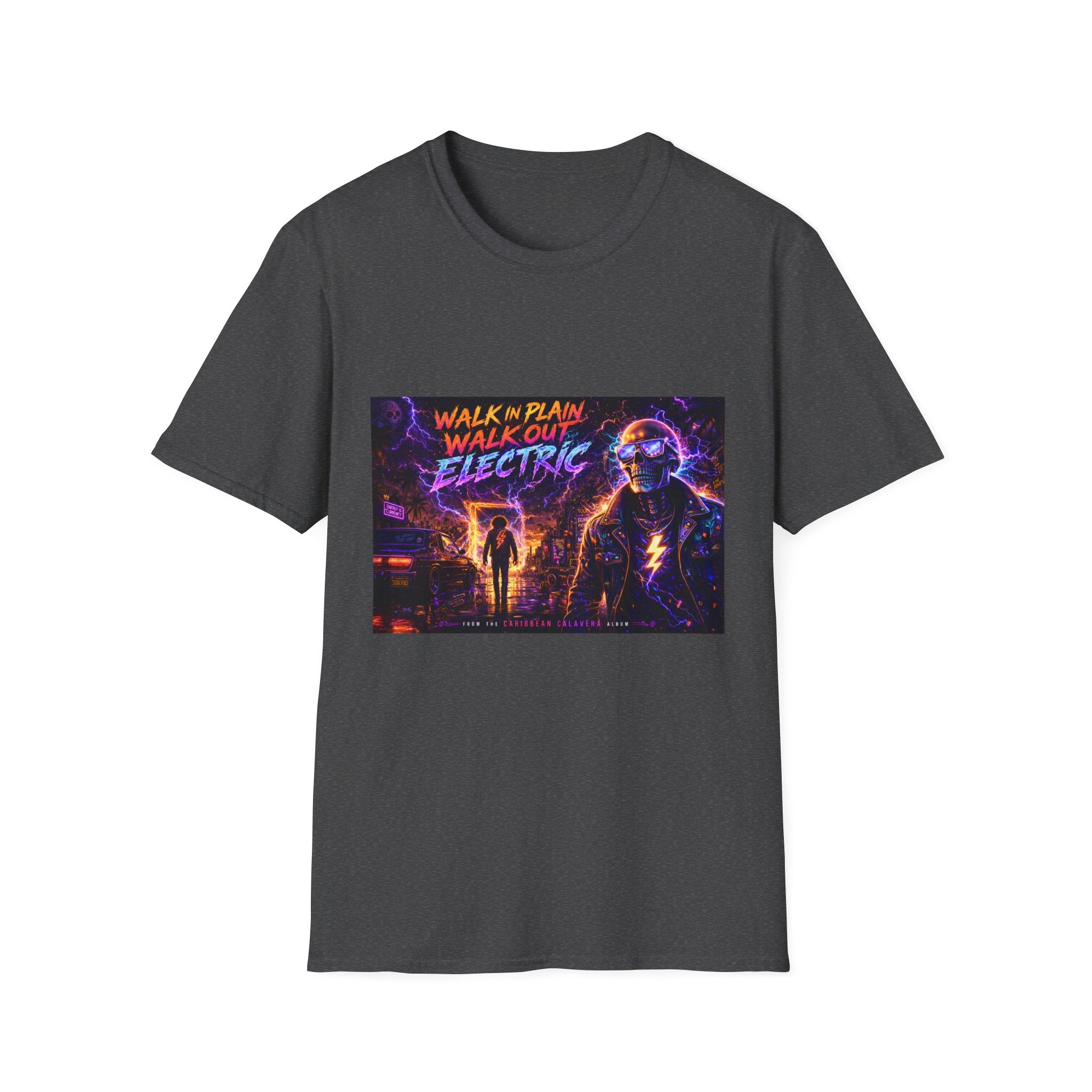 Walk Out Electric  Song Cover Art From The Caribbean Calavera Album Hoodie Retro Tee — “Walk In Plain, Walk Out Electric” Vintage Cyberpunk T-Shirt