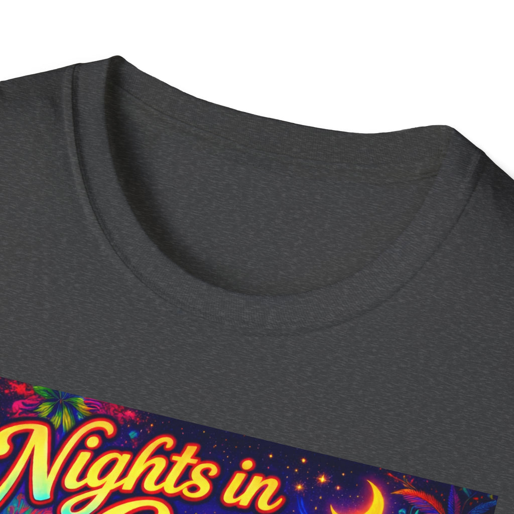 Nights in Cenova Graphic T-Shirt Song Cover Art From The Caribbean Calavera Album — Colorful Festival Street Scene